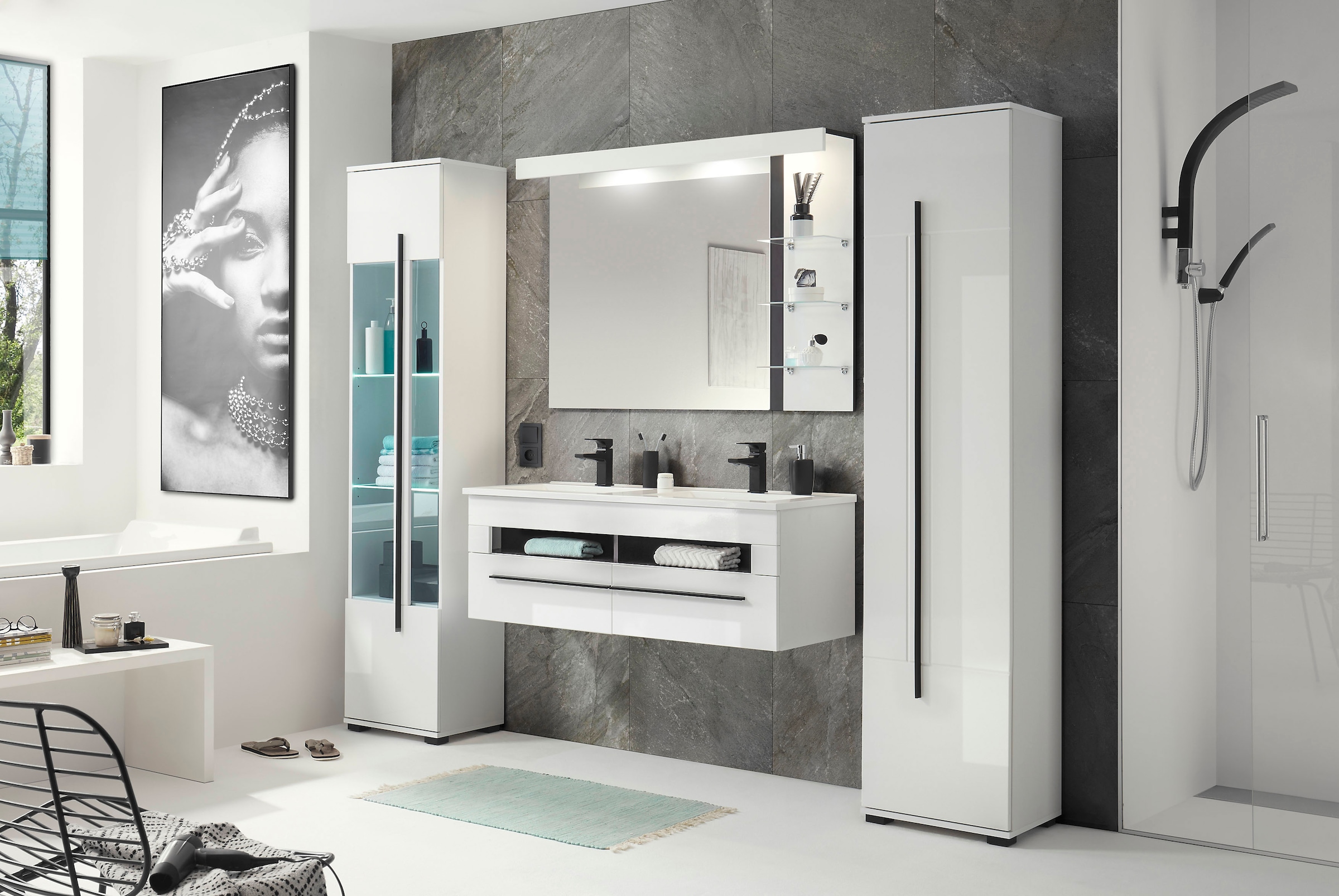 INOSIGN Hochschrank »Cantara, Badschrank in Hochglanz Weiß, Hochschrank im modernen Design«, mit schwarzen Griffen, ausreichend Stauraum