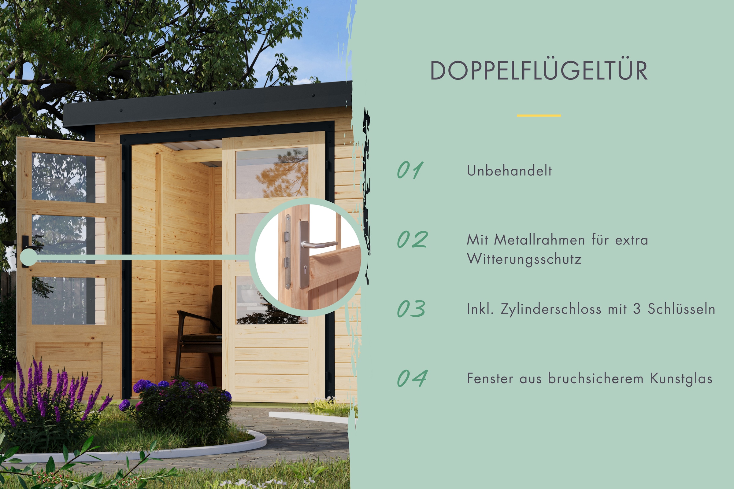 Karibu Gartenhaus »Jupiter 2«, in verschiedenen Farben, mit Anbaudach 2,35 m breit