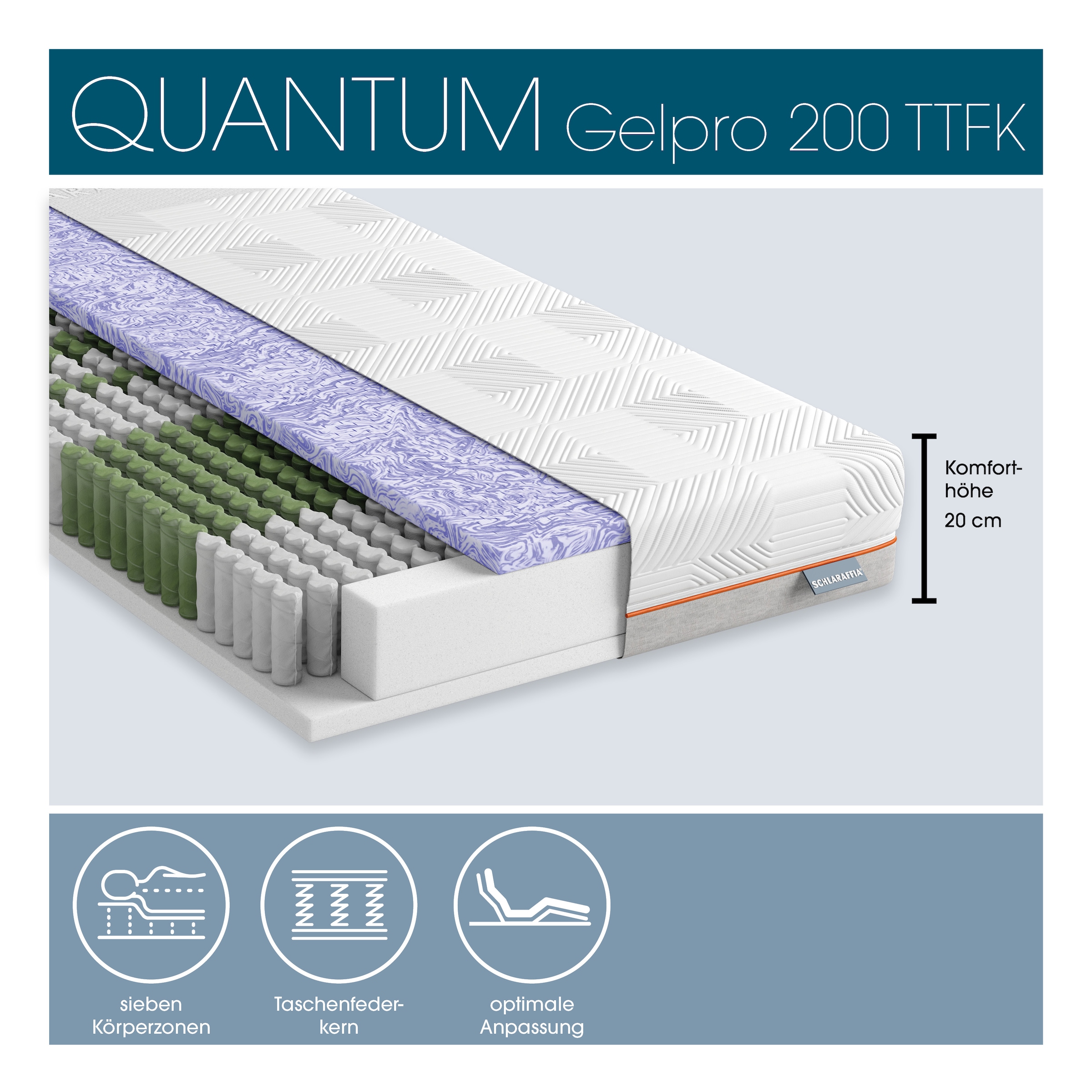 Schlaraffia Taschenfederkernmatratze »Matratze, 7 Zonen, GelPro Quantum 200, Taschenfederkern« 20 cm hoch 1.000 Federn 1 Stk. tlg. 1000er Federkern (bei 100x200cm), Gelschaumauflage, atmungsaktiv