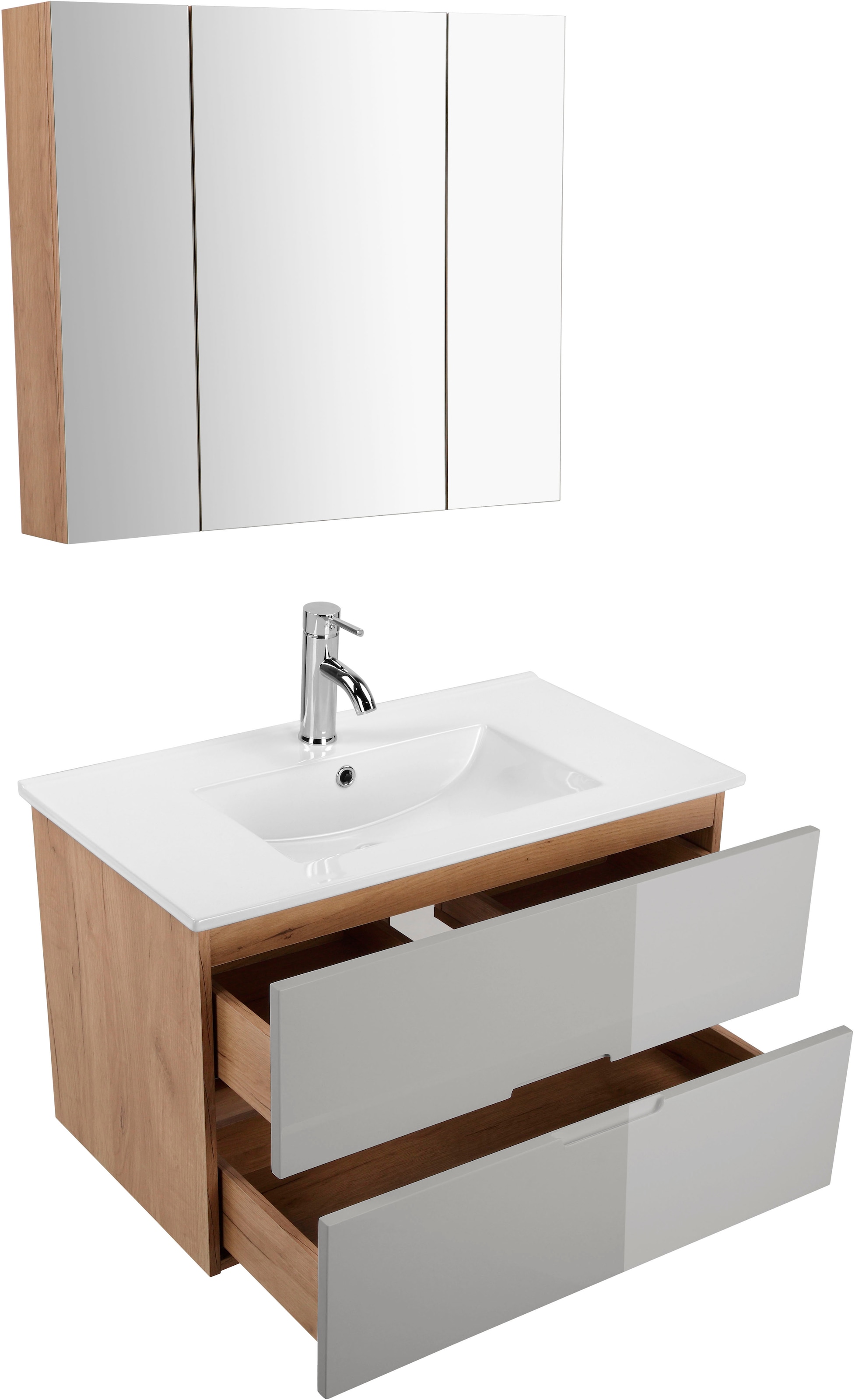 welltime Badmöbel-Set »Lund Badmöbel Set Badschrank Badezimmerset«, (Komplett-Set, 3 St.), Waschtisch, Spiegelschrank und Becken Breite 80cm