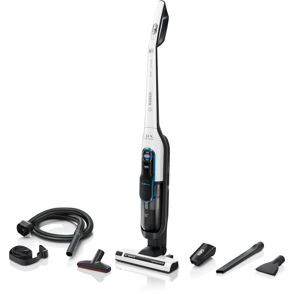 BOSCH Akku-Stielstaubsauger »Athlet ProSilence BKH86SIL1, 28 V, freistehend, leise, Hygiene-Filter«, Zubehör-Set, alle Bodenarten, Turbo-Stufe, bis 60 min Laufzeit, weiß