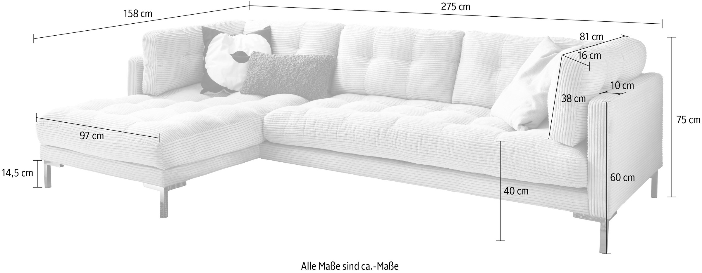 Trends by HG Ecksofa »Landau L-Form«, in Cord-Stoff mit Metallfuß