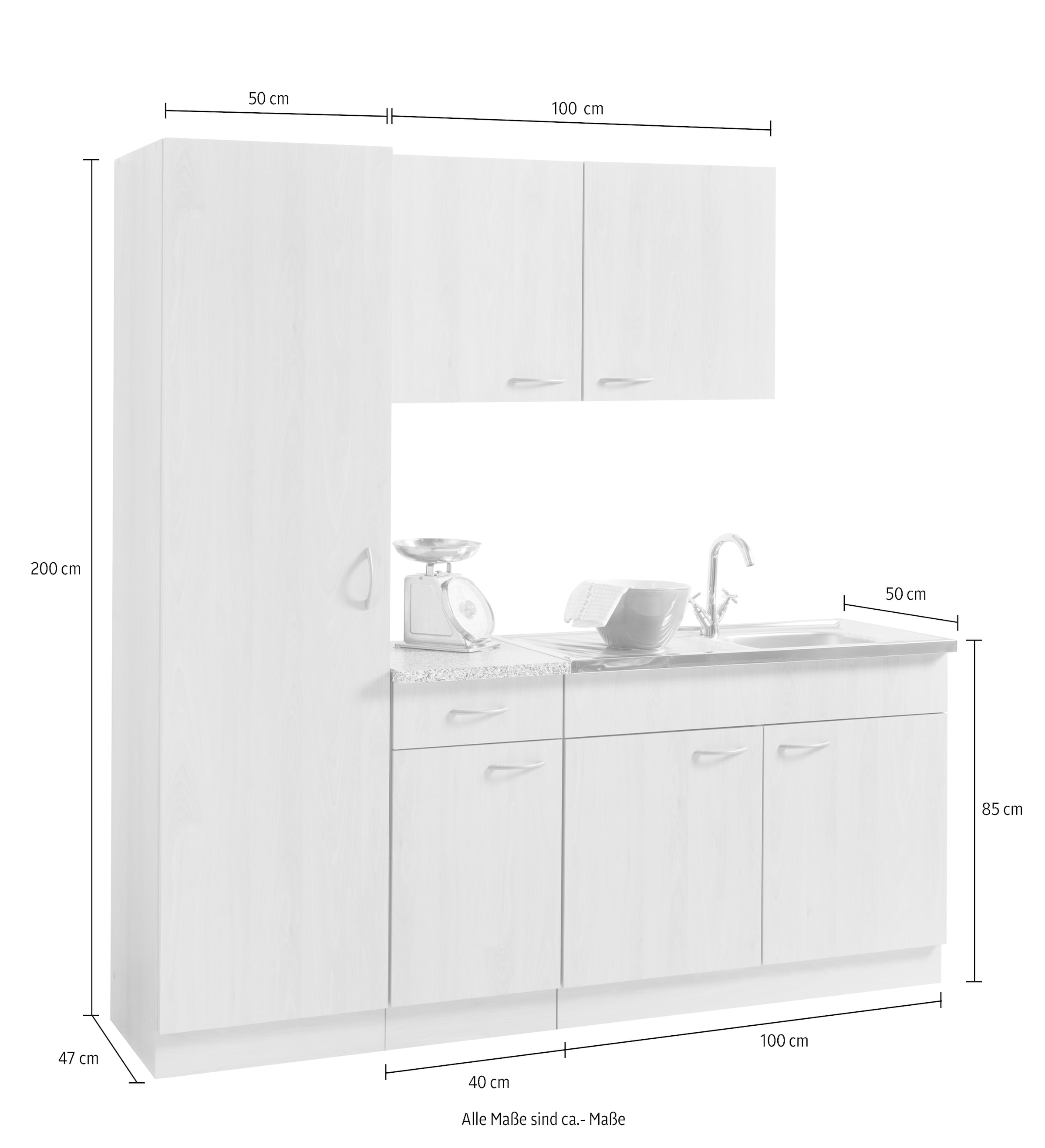 wiho Küchen Küche »Kiel«, Breite 190 cm mit 28 mm starker Arbeitsplatte, Tiefe 50 cm