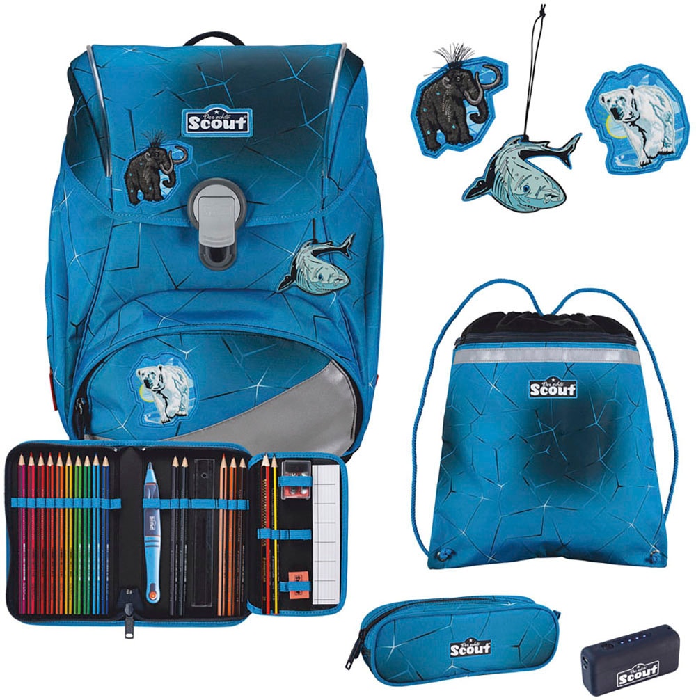 Scout Schulranzen »Alpha Safety Light, mit LED-Lichtleiter, Polar Blue«, Retroreflektierende Flächen-LED-Lichtleiter, mit Powerbank; enthält recyceltes Material
