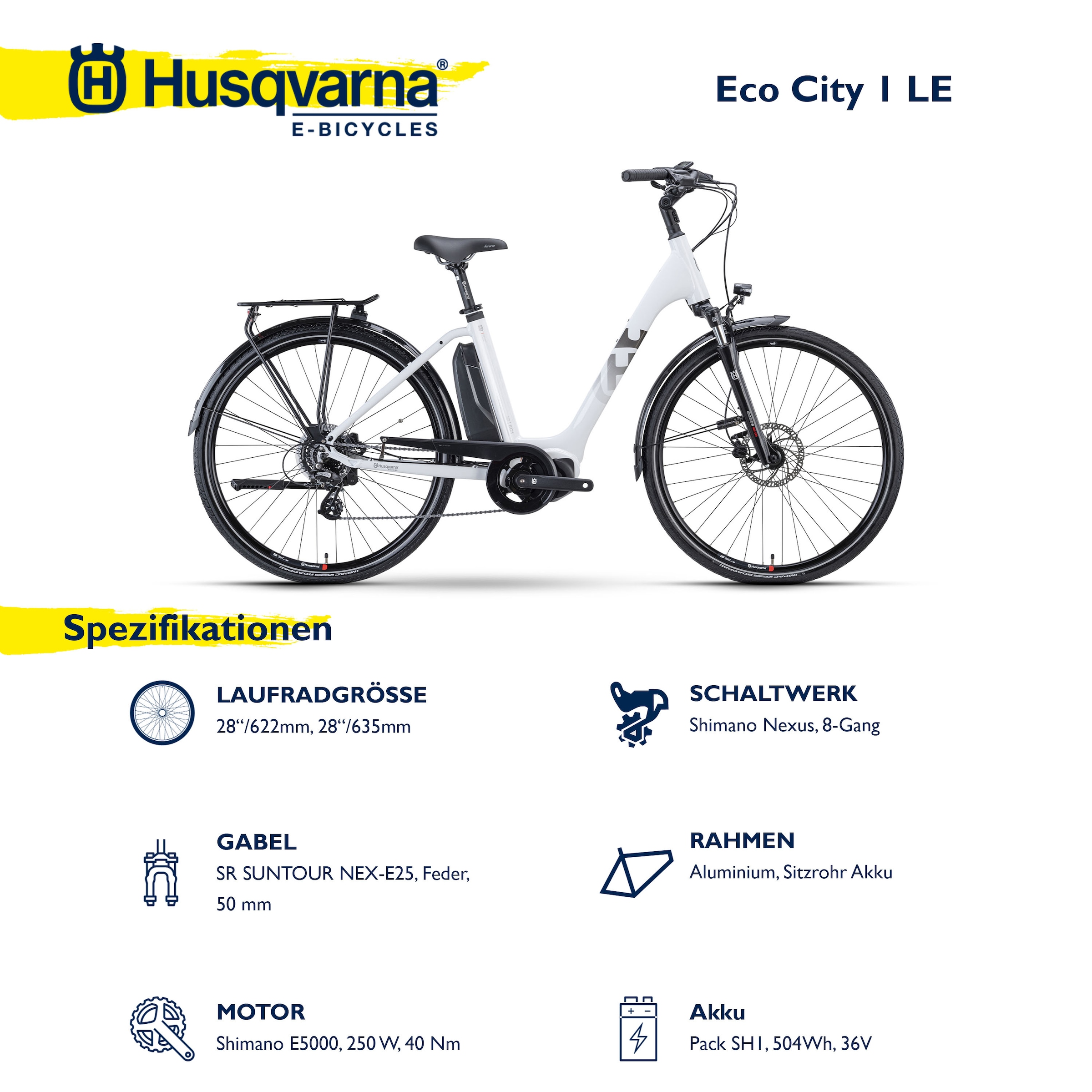 Husqvarna E-BICYCLES E-Bike »E-Citybike Eco City 1«, 8 Gang, Shimano, Nexus, Mittelmotor 250 W, (28 Zoll, Shimano Motor, Rücktritt, Scheibenbremsen, Straßenzulassung), Pedelec, Elektrofahrrad für Herren u. Damen, tiefer Einstieg