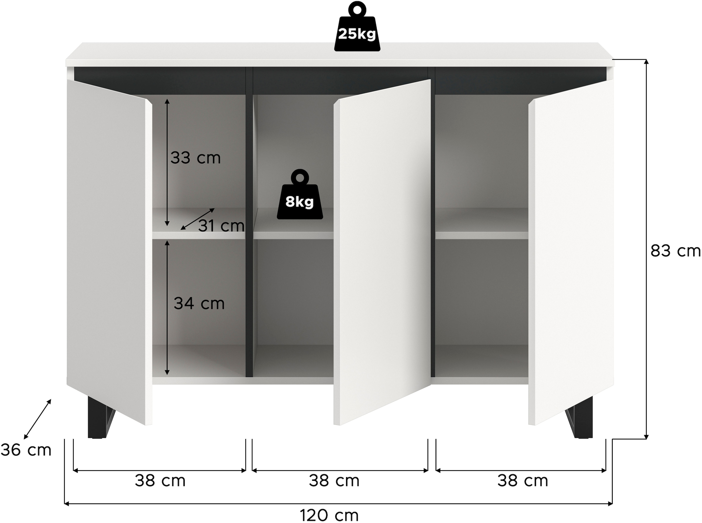 INOSIGN Sideboard »TOMA, Breite: 120 cm, mit Metall-Kufen-Fuß, 3 Türen, 3 Einlegeböden«, Anrichte, Kommode, Schrank, Board, Higboard