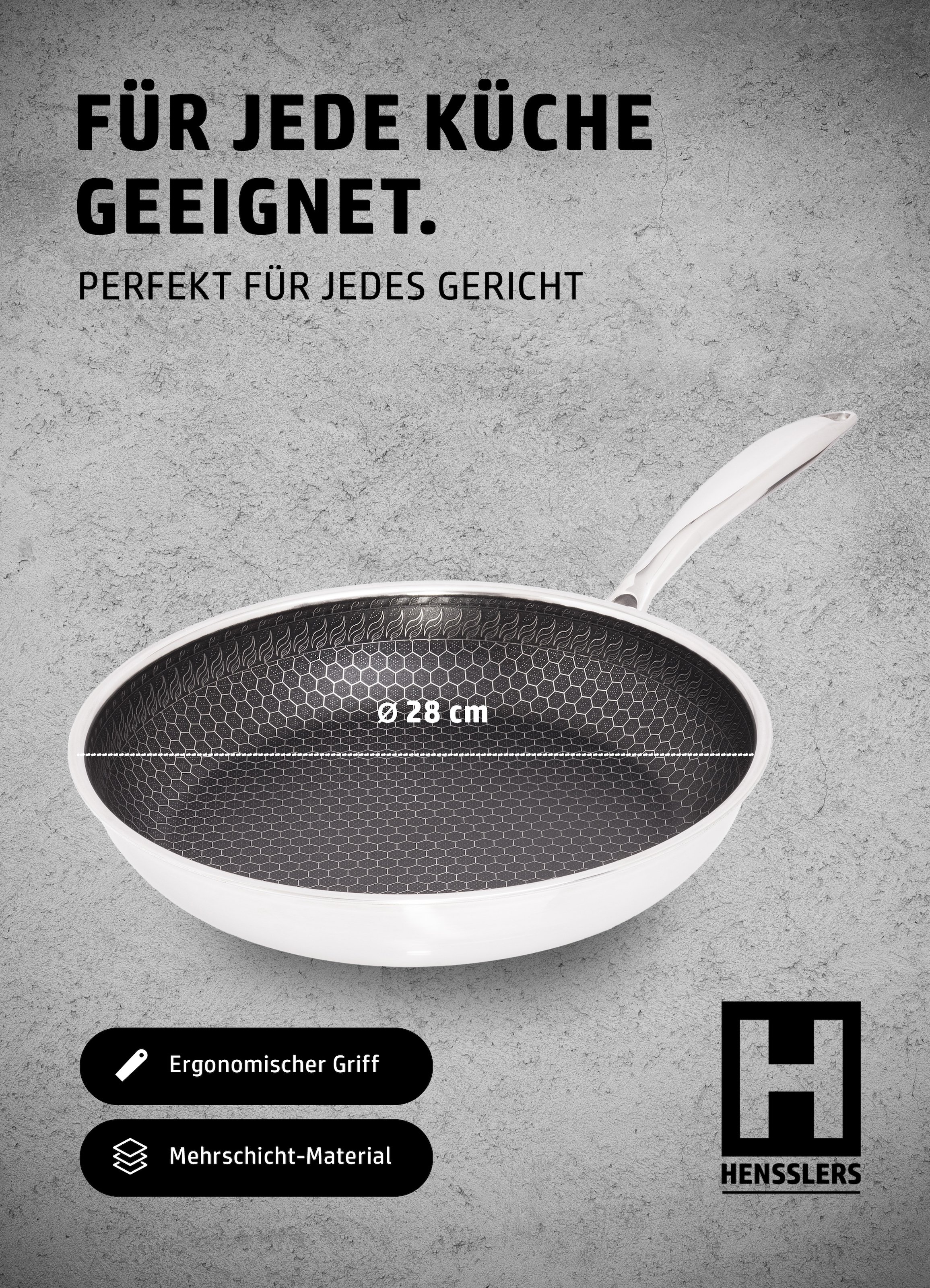 HENSSLERS Pfannen-Set »HENSSLERS Bratpfannen-Set, Ø 24 und 28 cm, inkl. Deckel«, Edelstahl, (4 tlg.), mit Wabenstruktur