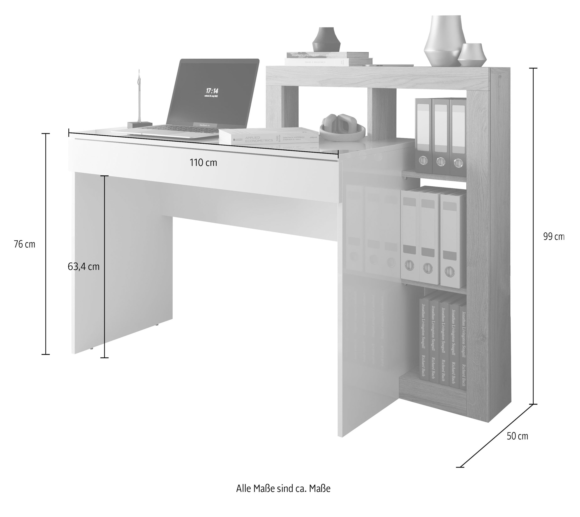 INOSIGN Schreibtisch »Hamburg, Breite 138 cm, Tiefe 50 cm, mit Schubkasten u. Aufsatz/Regal«, Computertisch, Arbeitstisch, Schminktisch, Arbeitsplatz, 4 Fächer