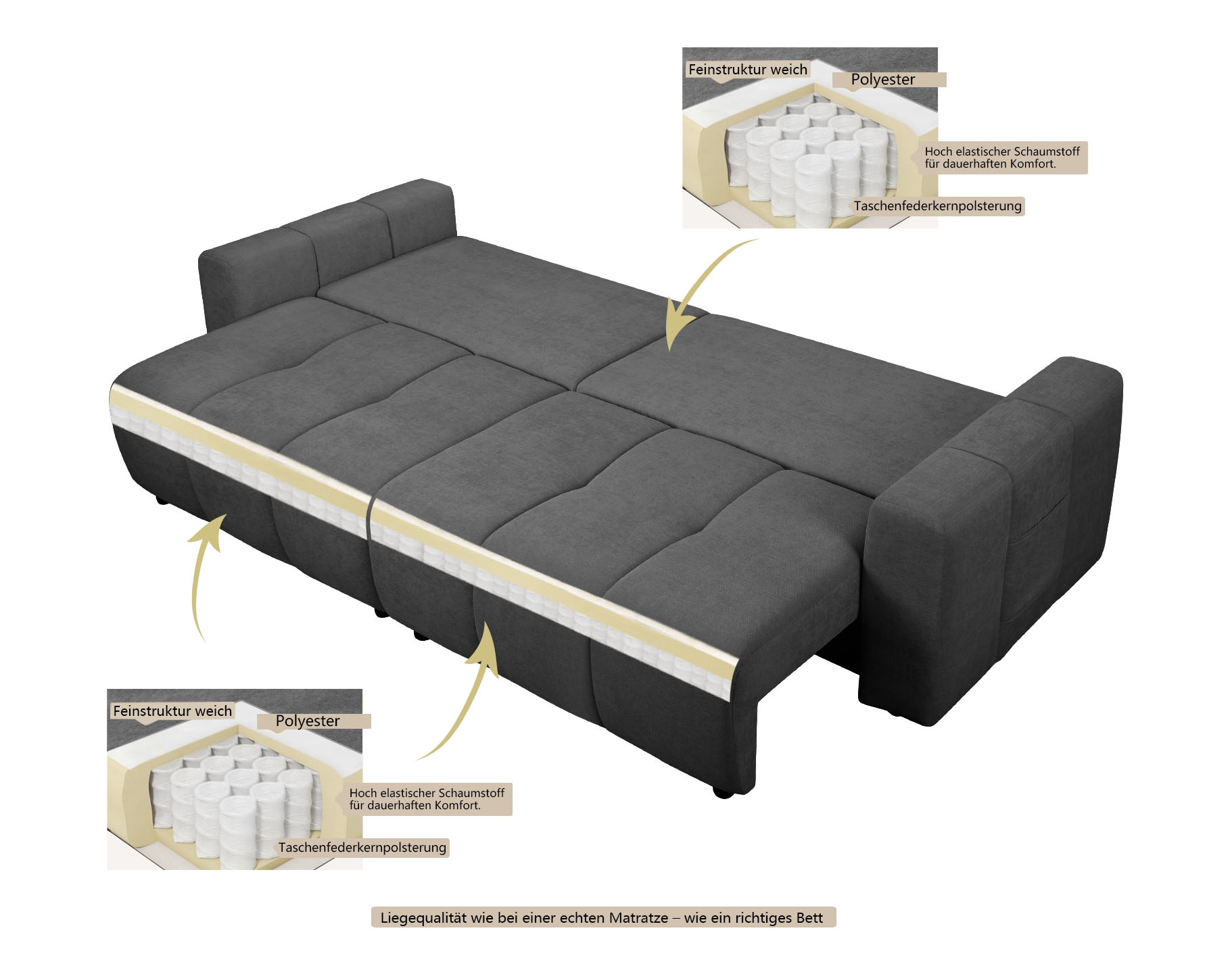 OTTO home Sofa »YLVAA  3-Sitzer, 239 cm - OTTO. Verlässliche Qualität.« Schlaffunktion (132/198), Bettkasten, Feinstruktur-Bezug
