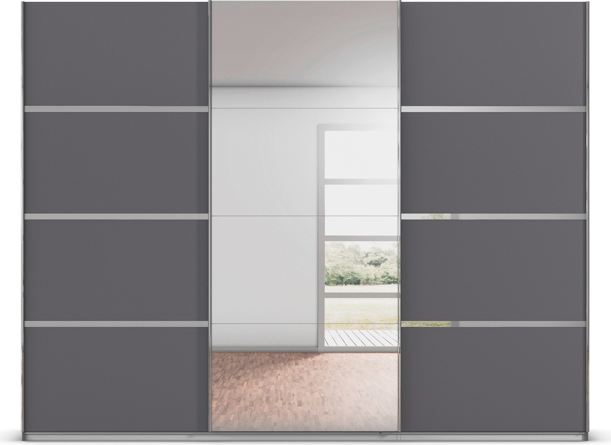 rauch Kleiderschrank »Schwebetürenschrank OTTO´s Choice Garderobe Schrank TOP ANGEBOT Avola«, (in 3 verschiedenen Ausstattungen BASIC/CLASSIC/PREMIUM inkl. Spiegel), mit eleganten Zierleisten in Chrom, Schwarz oder Weiß MADE IN GERMANY