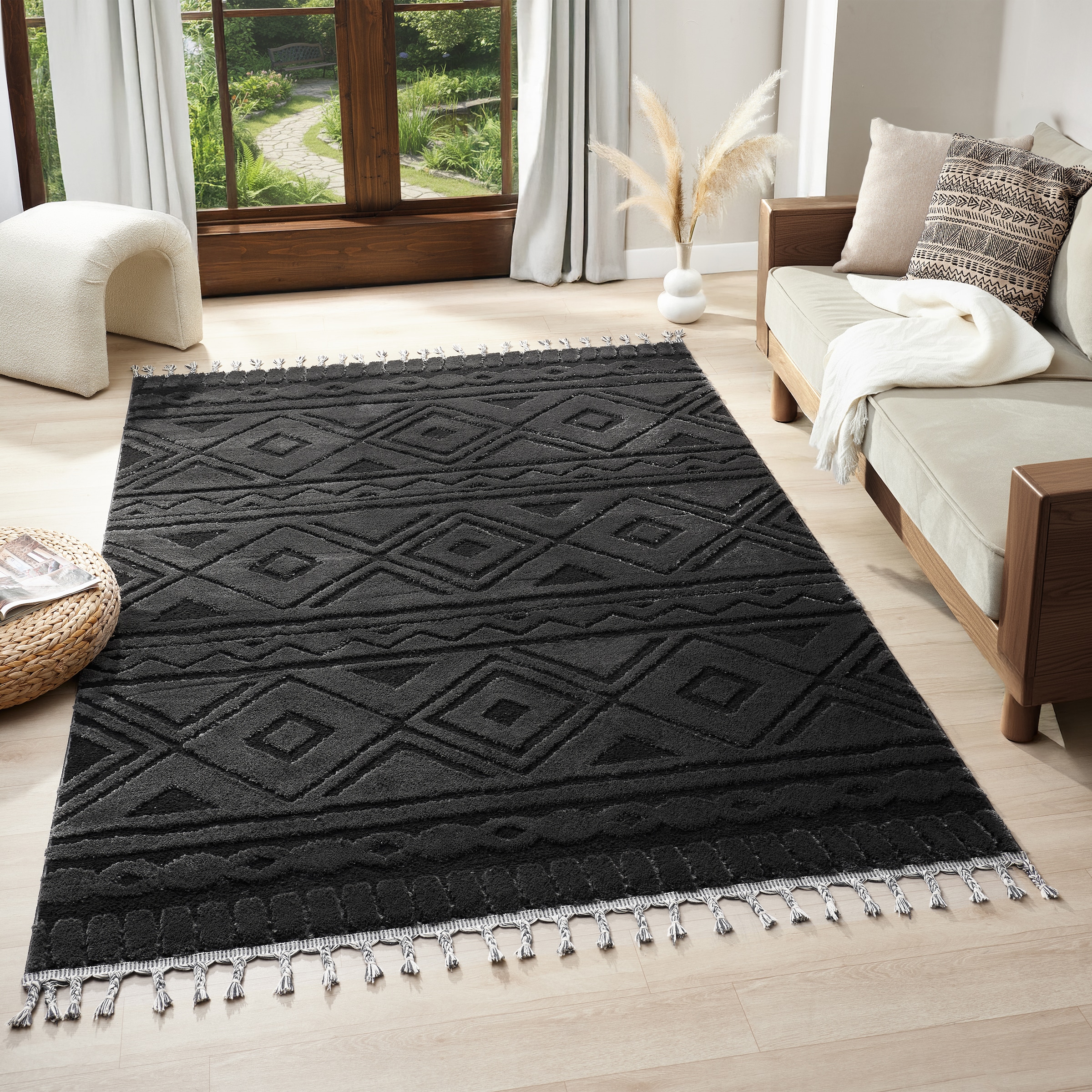 my home Teppich »Bonvo« rechteckig 19 mm Höhe mit Fransen, Hoch-Tief-Struktur, Wohnzimmer, Schlafzimmer, Boho-Style