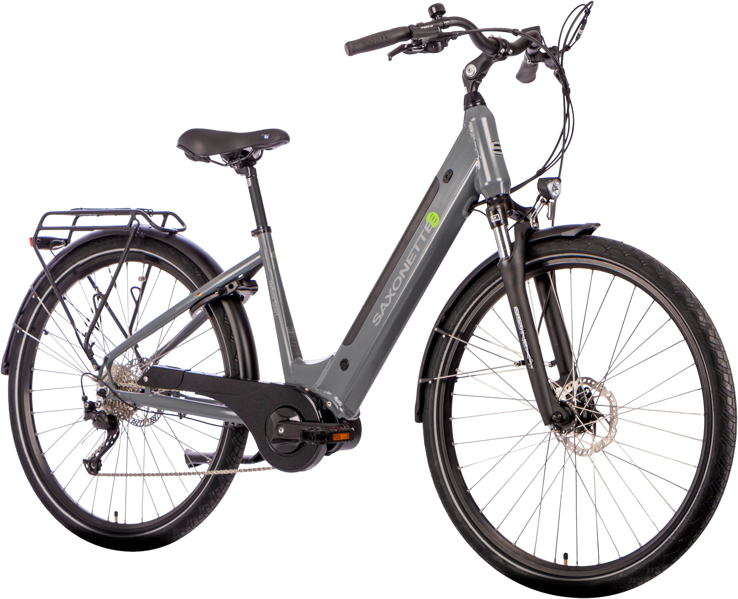 SAXONETTE »E-Bike Cityrad Deluxe Sport (Wave)« 9 Gang Shimano Alivio Schaltwerk Kettenschaltung Mittelmotor 250 W Packung,  (mit integr. Akku), Elektrofahrrad für Damen u. Herren