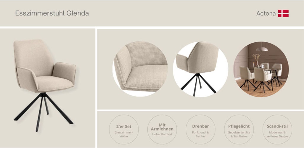 ACTONA GROUP Esszimmerstuhl »Glenda, gepolsterter komfortabel Stuhl mit Armlehnen, drehbar, 2er-Set«, Luxus-Microfaser, Modernes Design, strukturierte Polsterung, Stabile schwarze Stahlbeine