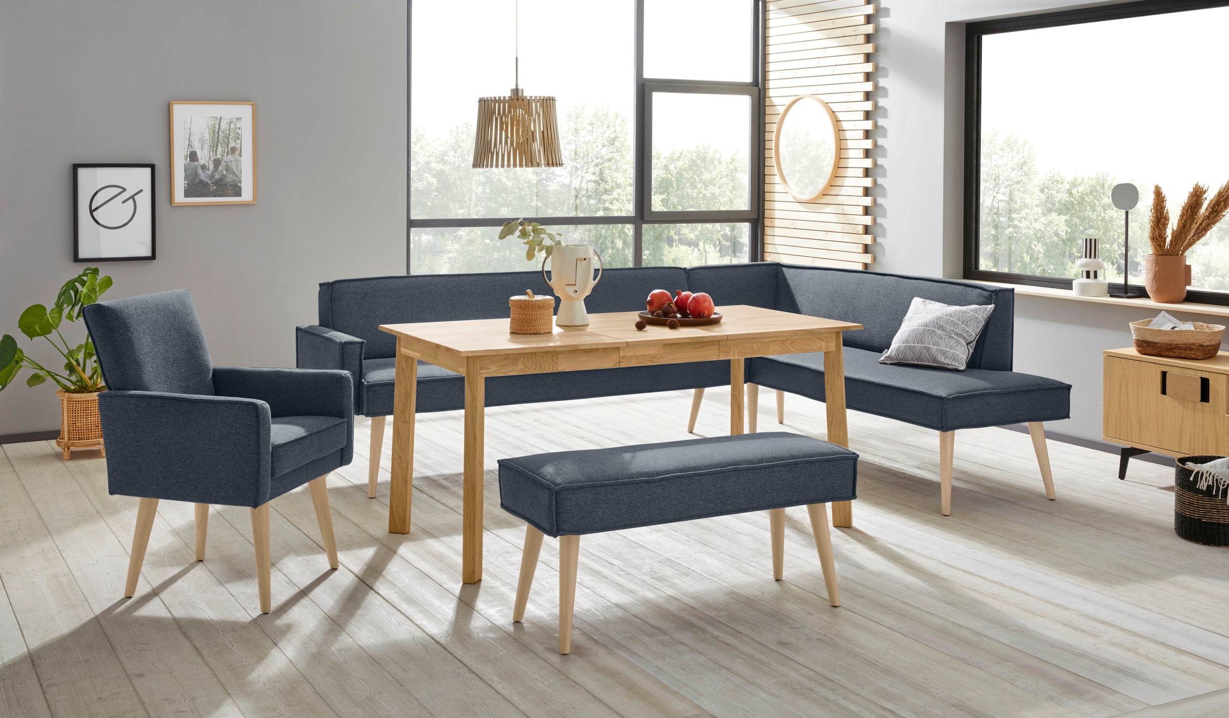 exxpo - sofa fashion Eckbank »Lungo, moderne Kedernaht, bequem und elegant, hoher Holzfuß«, hochwertige Detailverarbeitung, frei im Raum stellbar