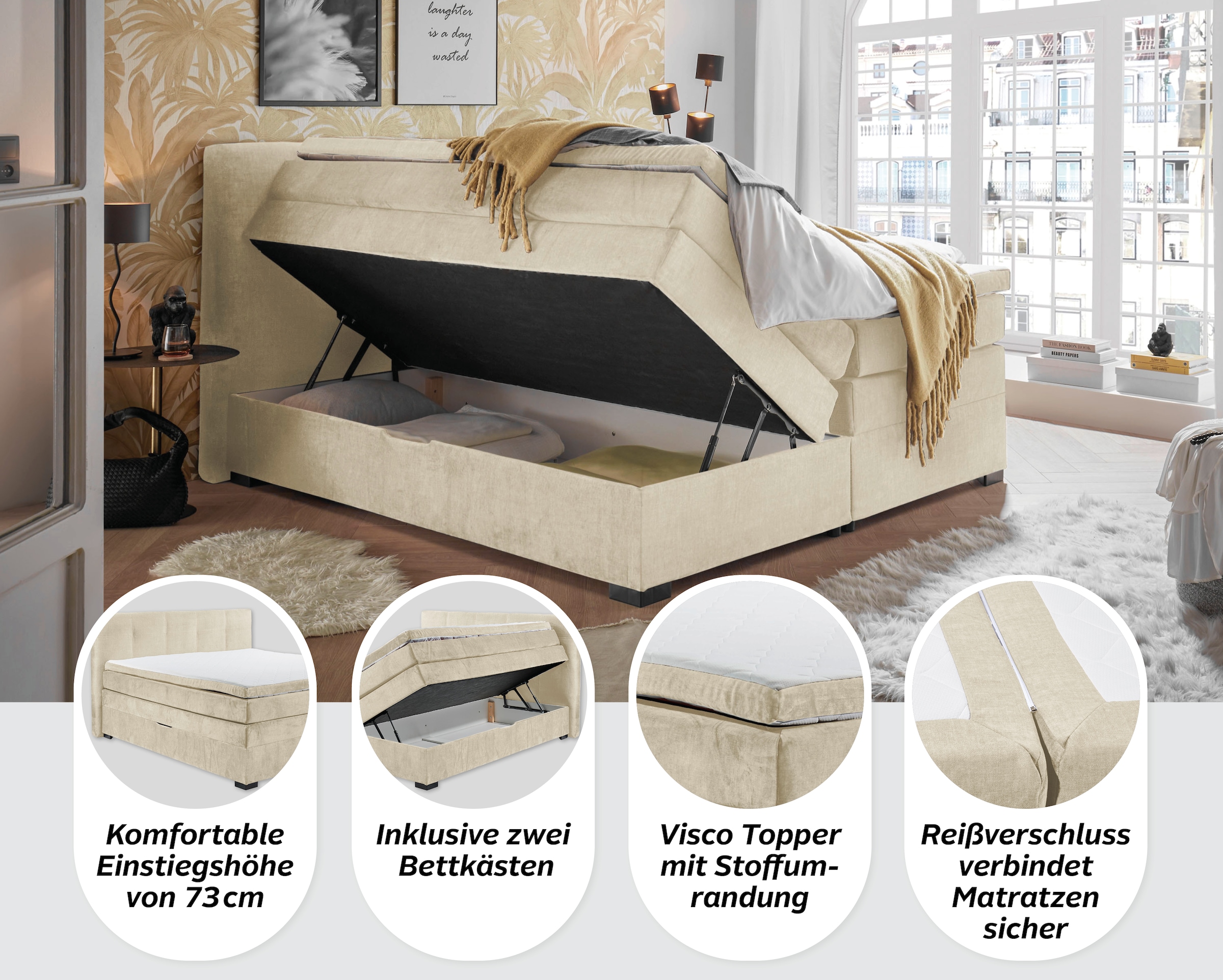 ED EXCITING DESIGN Boxspringbett »Fanes mit Komforteinstiegshöhe von 73cm« erhältlich in 180x200cm, inkl. Bettkasten und 7cm Visco-Topper