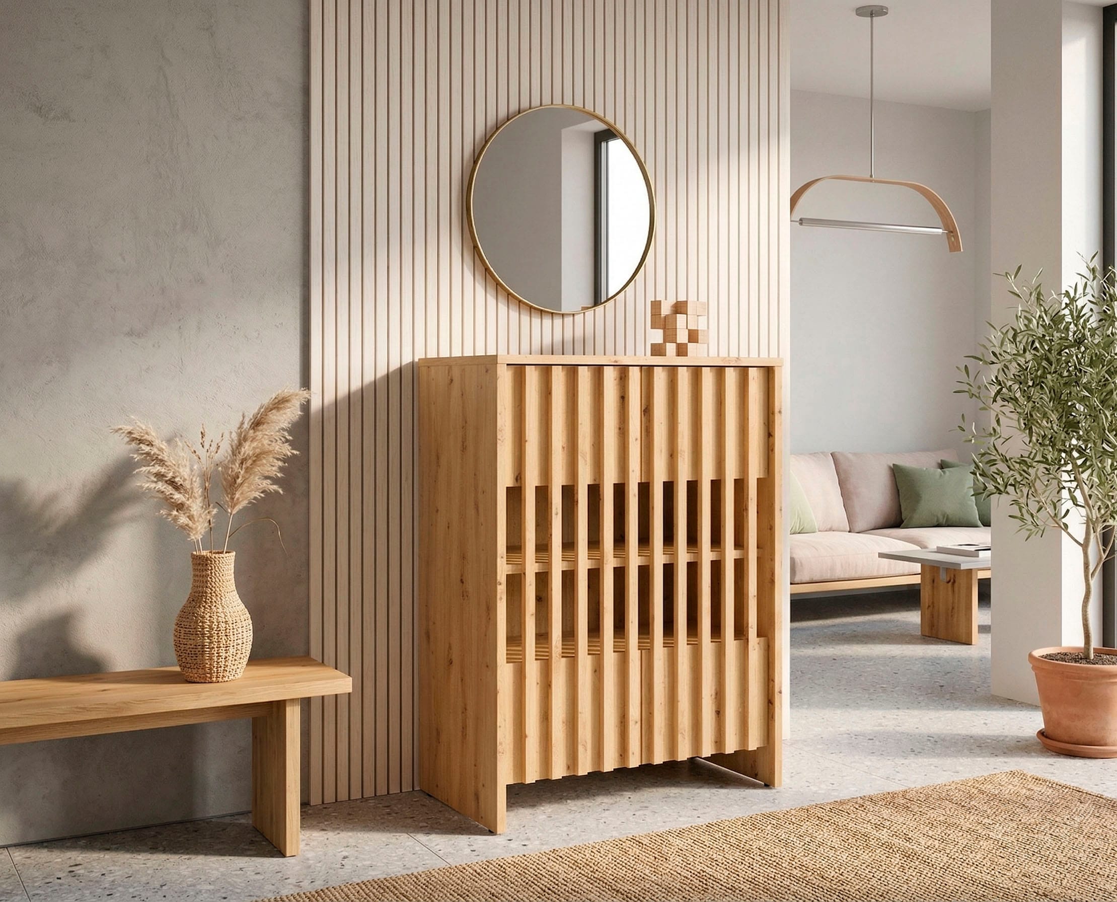 Home affaire Mehrzweckschrank »MURET, multifunktionale Kommode, 4 Fächer und 2 Türen, Lamellenfronten« Maße B/T/H: 60/35,4/87 cm,  Kommode mit viel Stauraum, Maße B/T/H: 60/35,4/87 cm