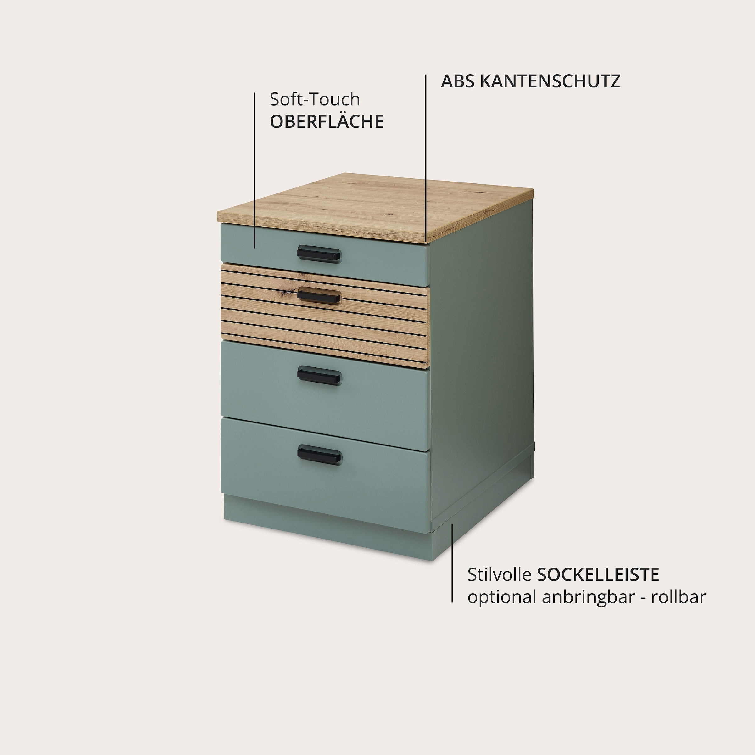 Innostyle Rollcontainer »Nachtkommode Glenn, 45 x 66 x 55 cm (B/H/T)«, (1 St.), inkl. Filzeinlage, 4 Rollen (2 mit Bremsen) oder Sockel, SK Soft-Close