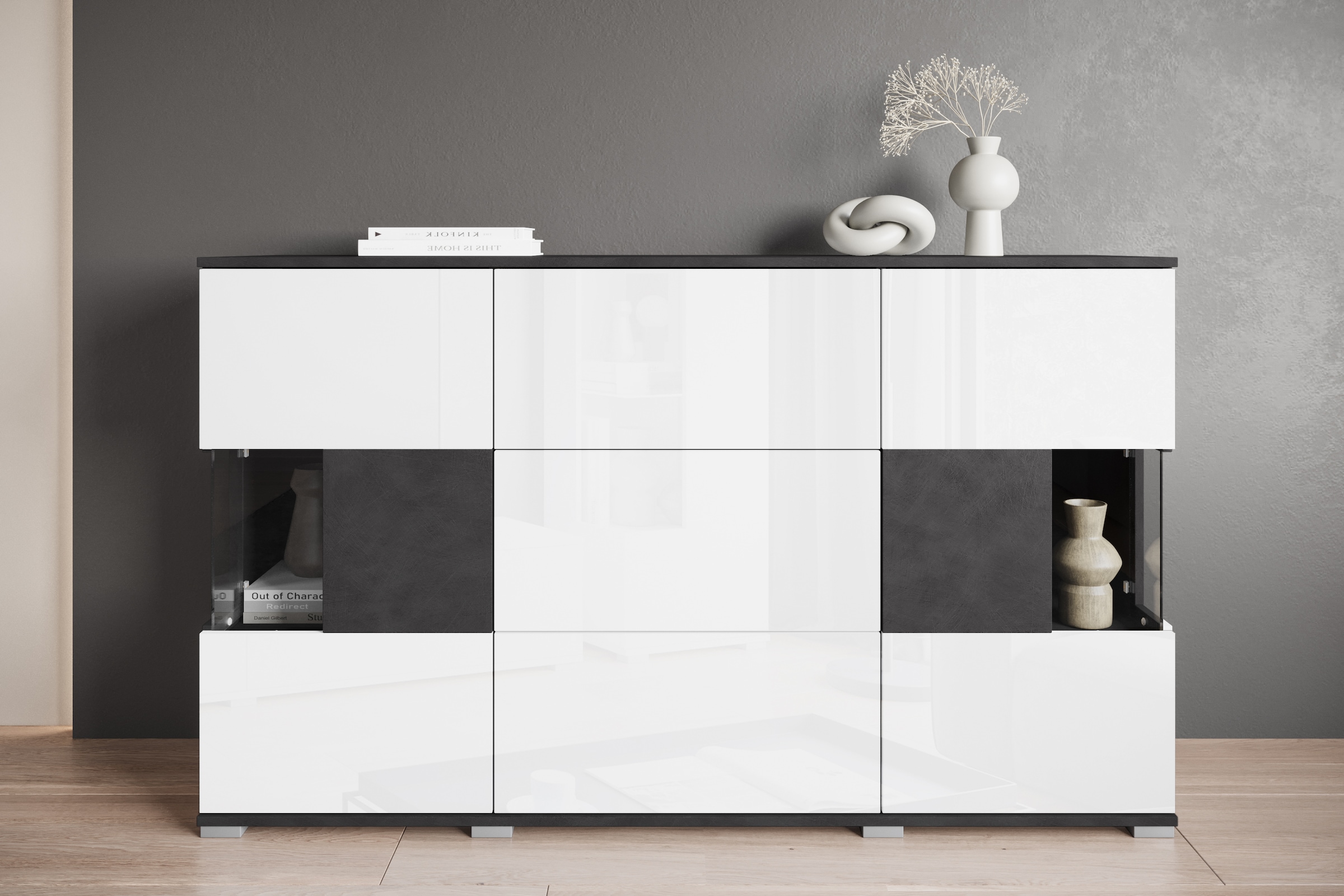 INOSIGN Sideboard »Kenia«, (1 St.), Sideboard mit 3 Schubladen, 6 Fächern, Glastüren, Breite 150 cm