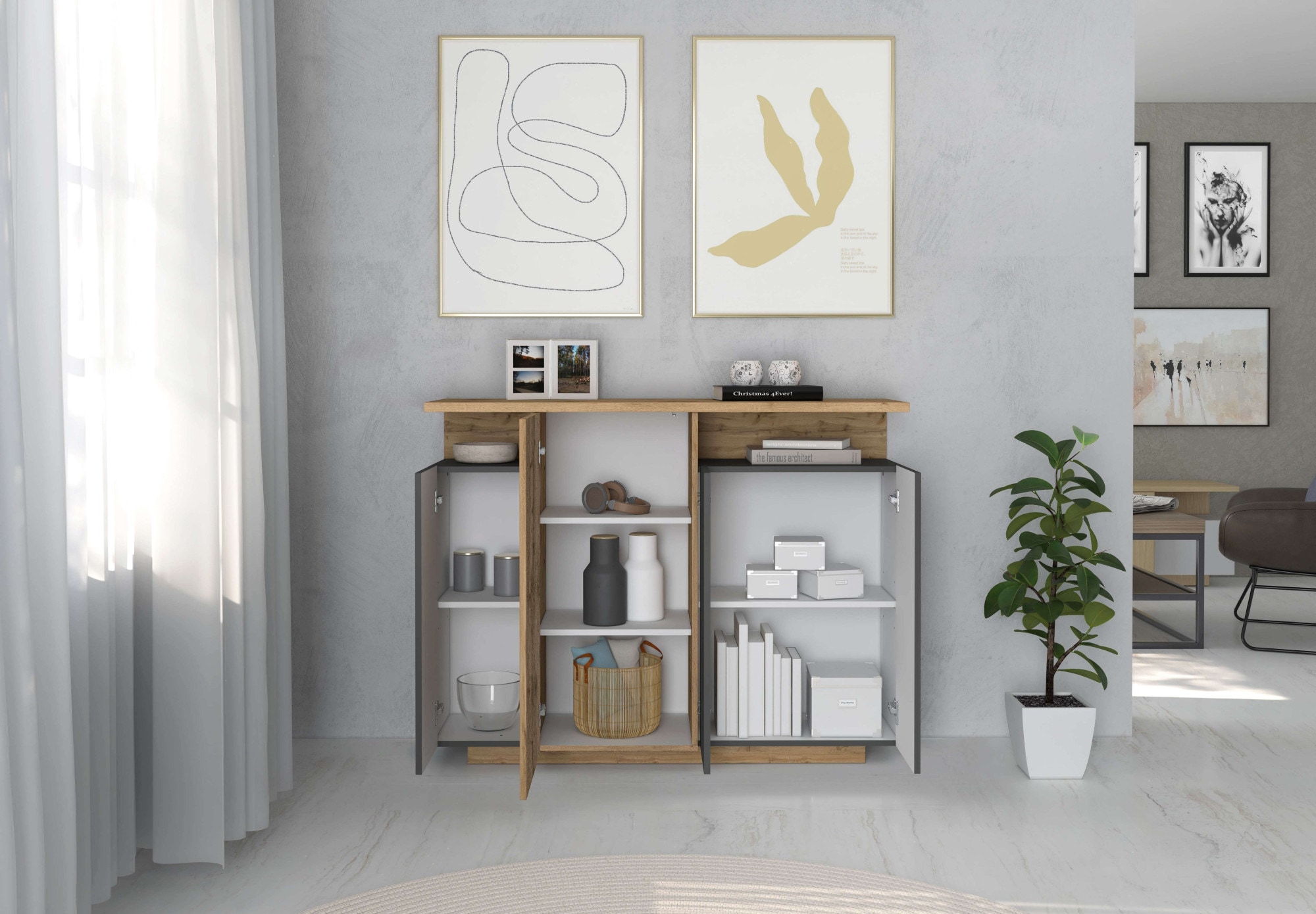 OTTO home Highboard »Highboard ETHOS, Kommode, Schrank, Kredenz« 1 Stk. tlg. Mit 4 Drehtüren, 9 Innenfächern und 2 Außenfächern, B.130 cm