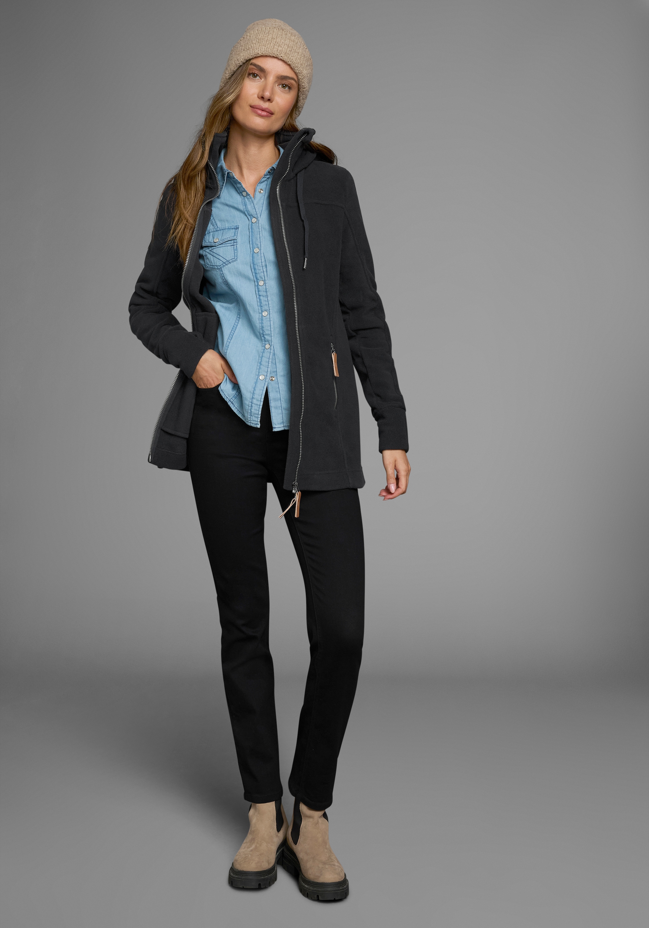 Polarino Fleecejacke, mit Kapuze, aus Fleece, atmungsaktiv, schnell trocknend