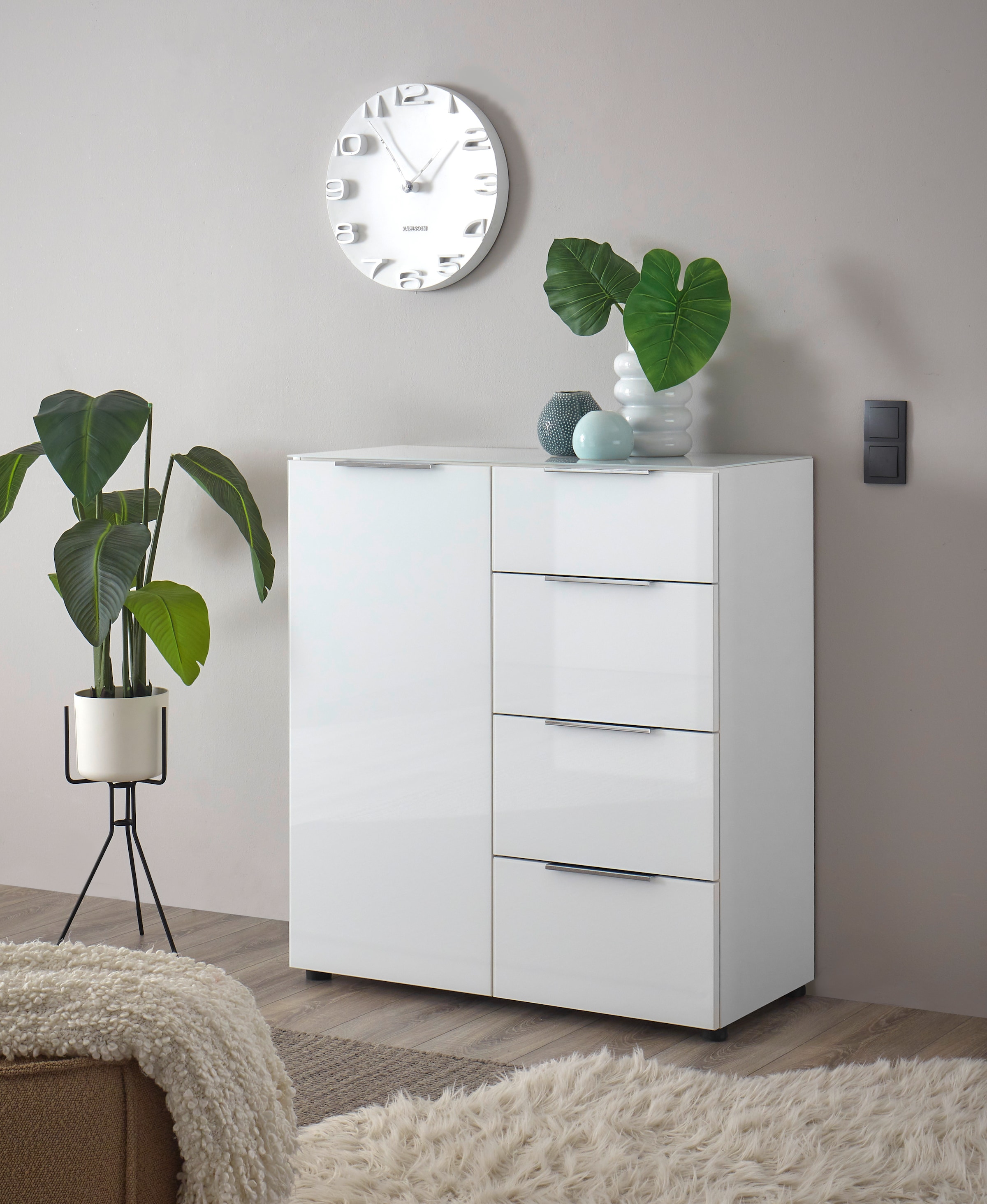 HBZ Sideboard »Santorin Mehrzweckschrank-Universalschrank, BxHxT 90x99x40 cm«, (1 St.), Mit 1 Tür und 4 Schubkästen mit Softclose, Glasfront und Glasoberboden