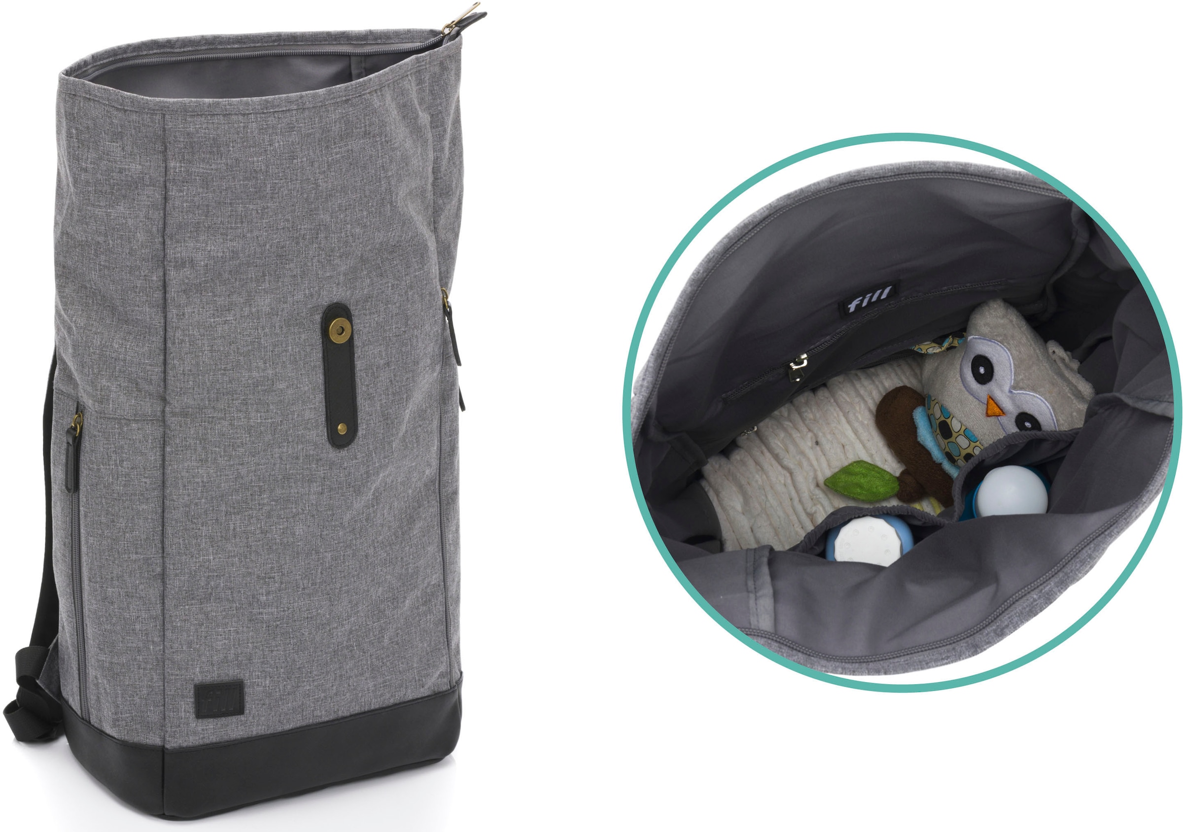 Fillikid Wickelrucksack »Rolltop Berlin, grau/schwarz«, Reflektoren, inkl. Wickeltunterlage