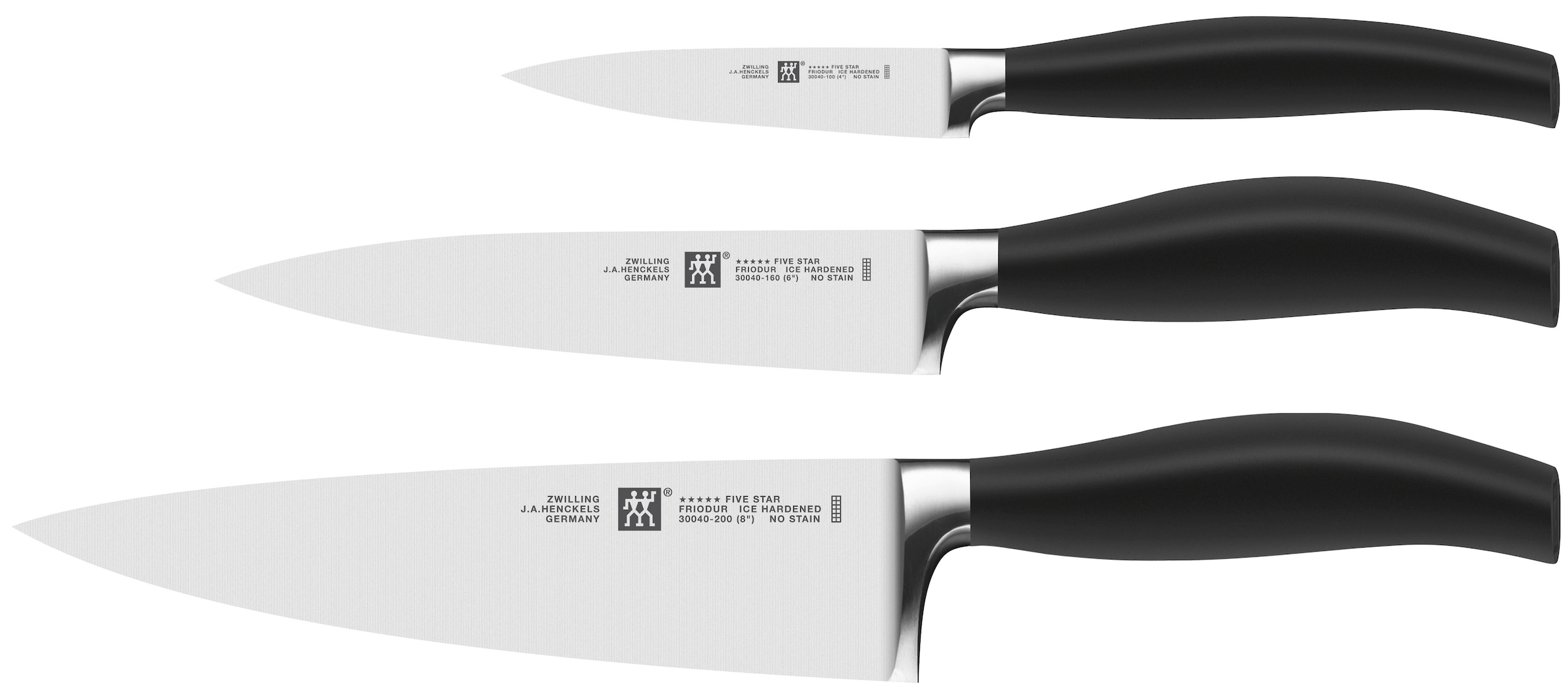 Zwilling Messer-Set »***** FIVE STAR«, (Set, 3 tlg., 1 Spickmesser (10 cm), 1 Fleischmesser (16 cm), 1 Kochmesser (20 cm), Made in Germany, Sonderschmelze, Ergonomisch, 3-tlg.