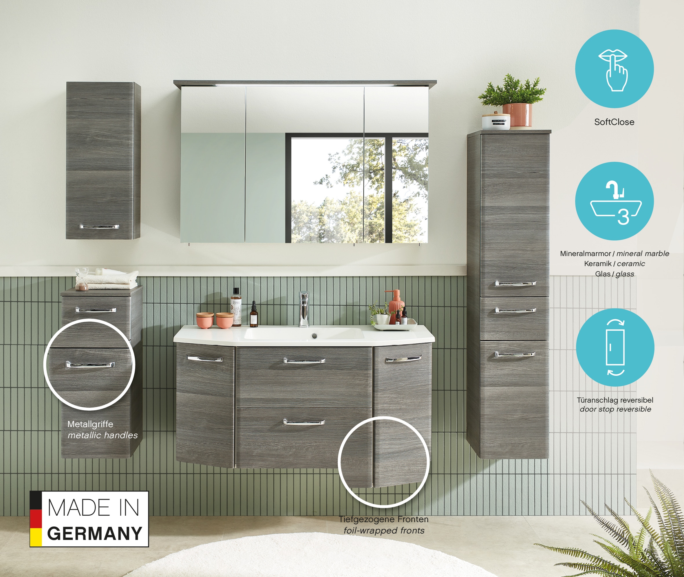 Saphir Hängeschrank »Quickset Wand-Badschrank 30 cm breit mit 1 Tür und 2 Glas-Einlegeböden« Badezimmer-Hängeschrank inkl. Türdämpfer, Griffe in Chrom Glanz