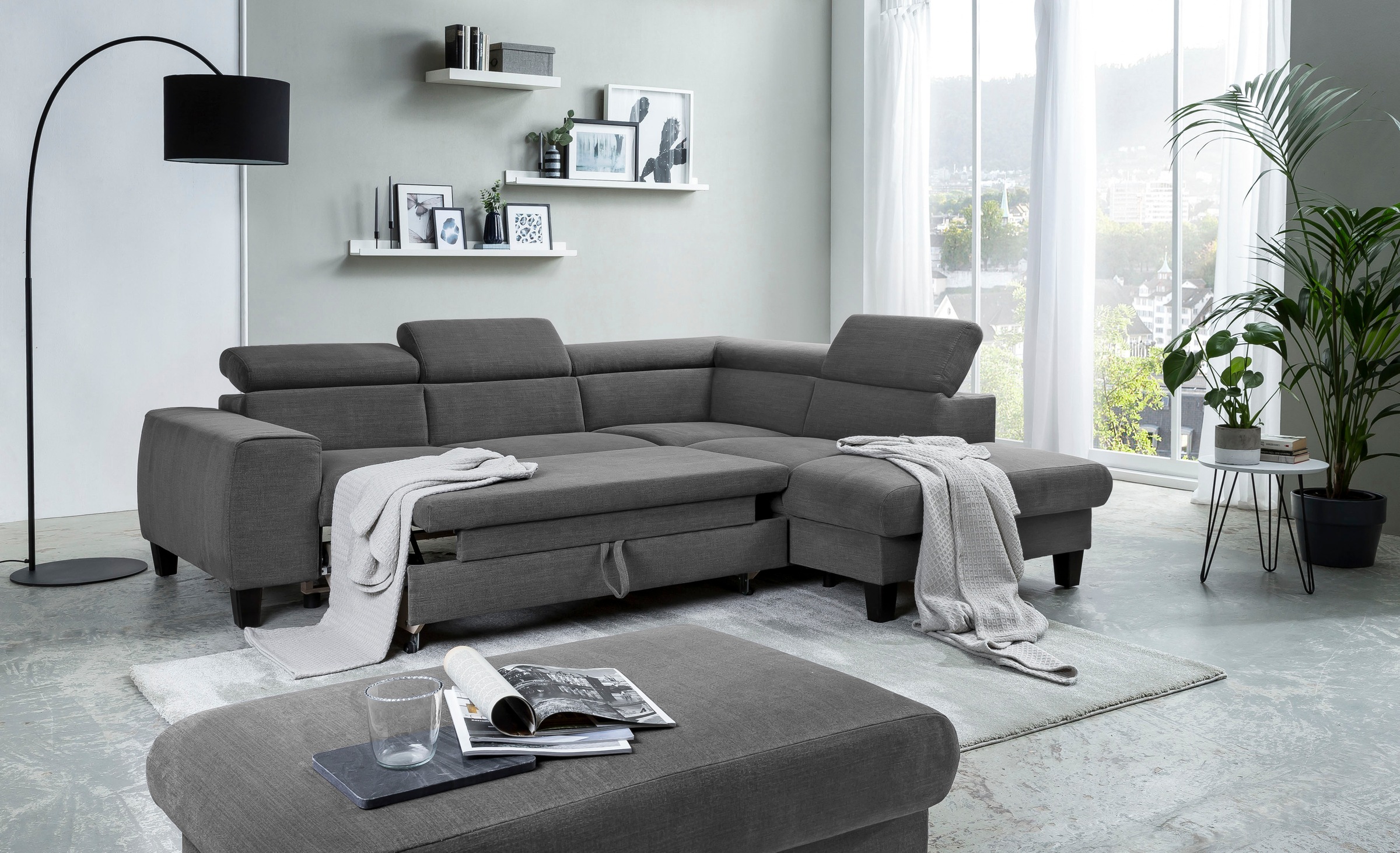 COTTA Ecksofa »Morven L-Form mit Kopfteilverstellung«, wahlweise mit Bettfunktion, Bettkasten & Wireless-Charger