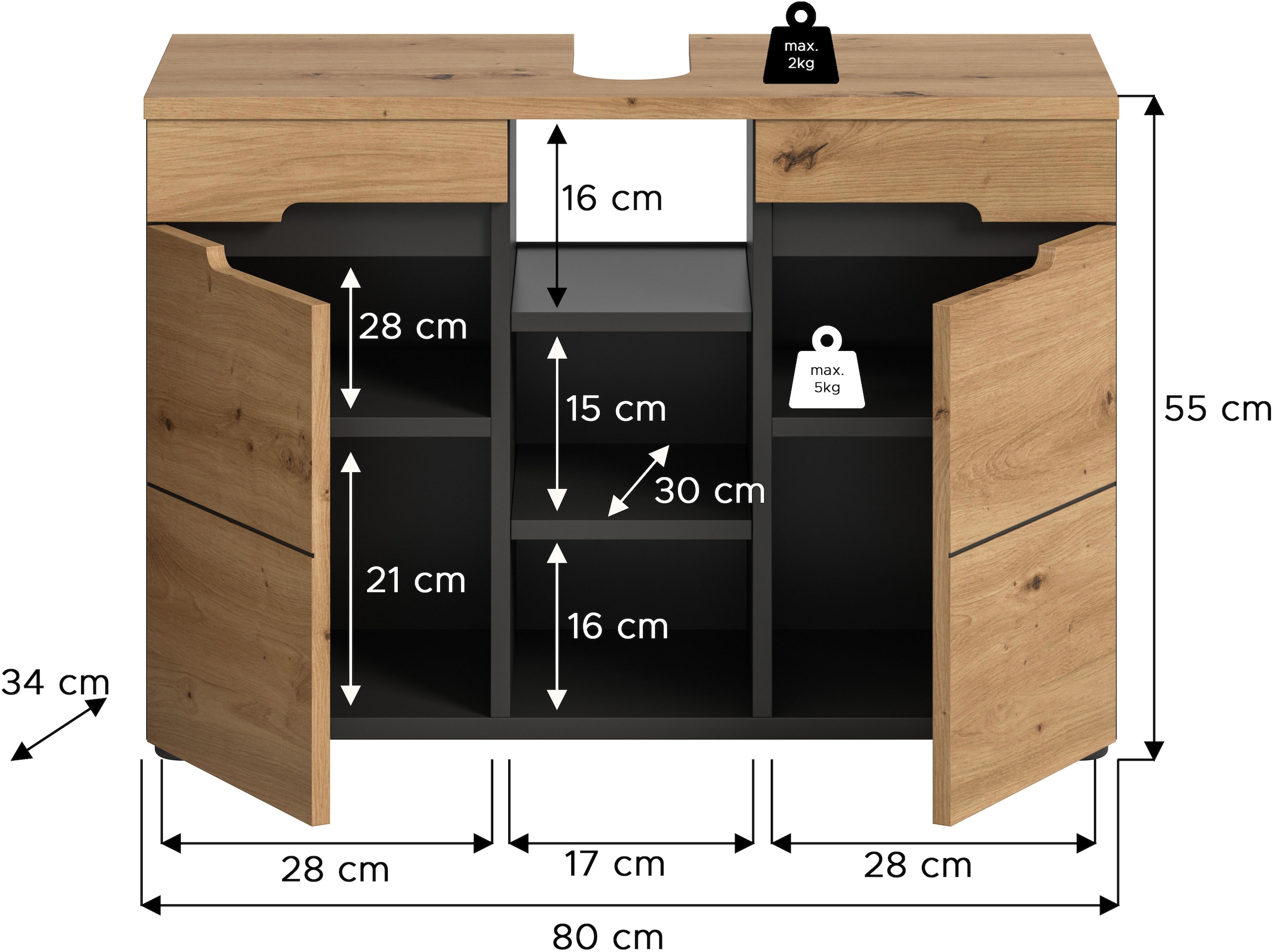 INOSIGN Waschbeckenunterschrank »REHAT, Breite 63 cm, 2 Türen, Einlegeboden, mit Siphonausschnitt«, Soft-Close-Funktion, eingefasste Griffaussparung in der Front
