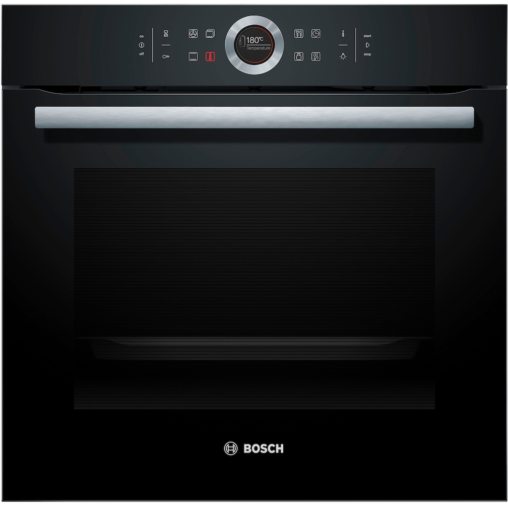 BOSCH Einbaubackofen »HBG635B«, Serie 8, mit Teleskopauszug nachrüstbar, ecoClean Direct, 4D-Heißluft-Eco-Ober-/Unterhitze Eco-Umluft-Infra-Grill-Großflächen-/Kleinflächengrill-Pizzastufe-Sanftgaren-Vorwärmen-Warmhalten-Auftaustufe, mit Pizzastufe