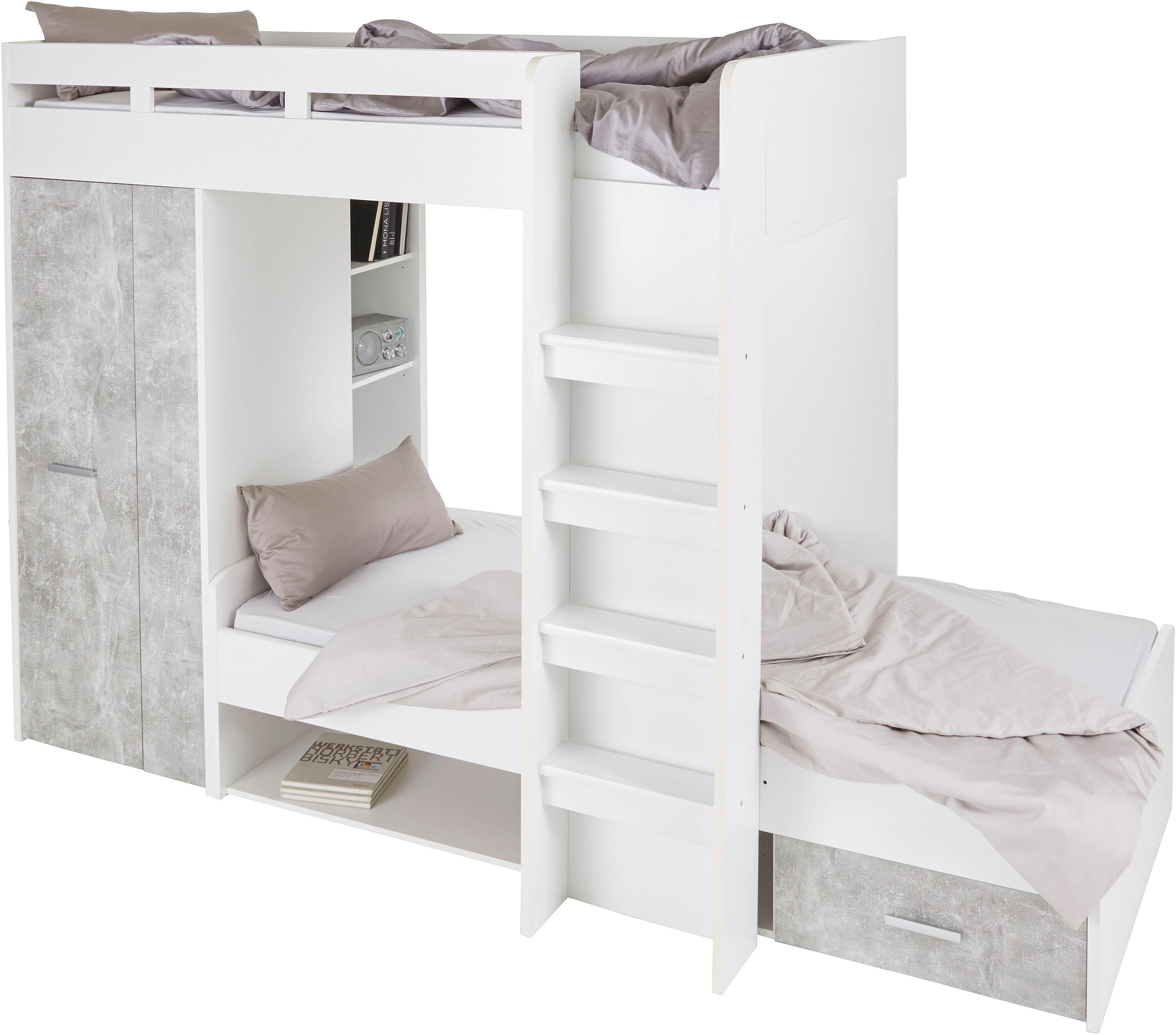 Begabino Hochbett »MAXI« mit 2 Liegeflächen, Kleiderschrank und Regalen günstig online kaufen