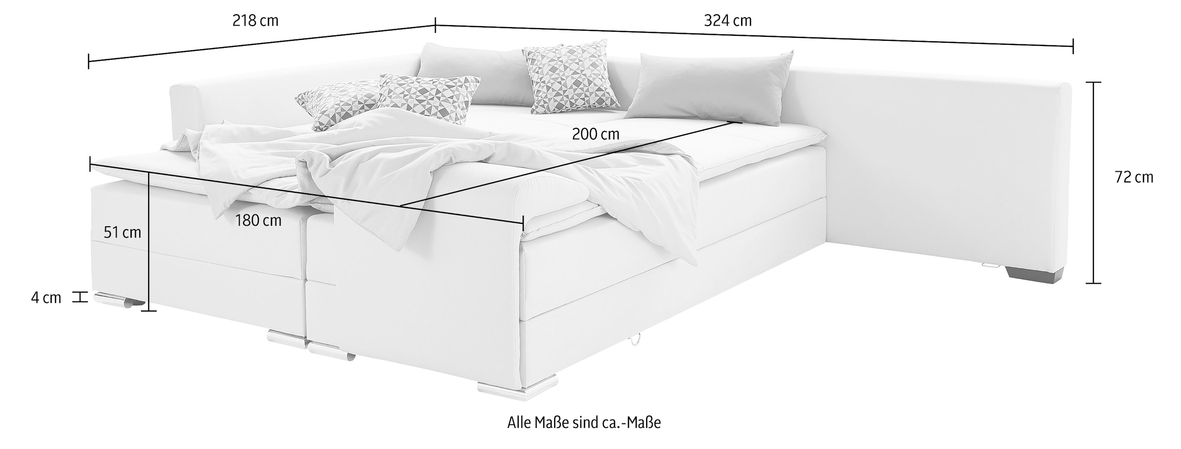 INOSIGN Ecksofa »Boxspringbett Night & Day L-Form mit Dauer-Schlaffunktion mit Armlehne«, mit Boxspring-Bettfunktion 180x200 cm und Bettkasten, Dauerschläfer!