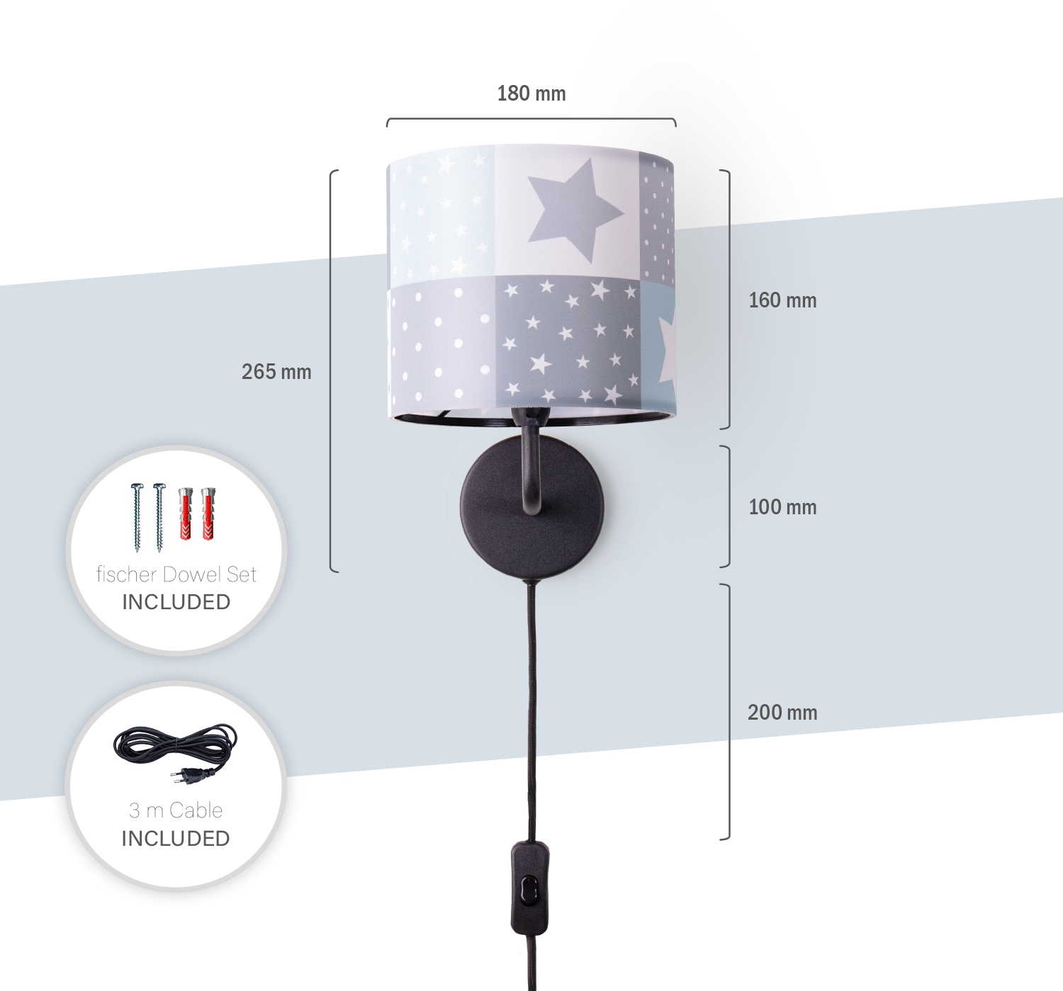 Paco Home Wandleuchte »Cosmo 345«, 1 flammig, Leuchtmittel E14 | ohne Leuchtmittel, Kinderlampe Wandlampe Schalter Ø…18cm Sterne Punkte Kabellänge 3m E14
