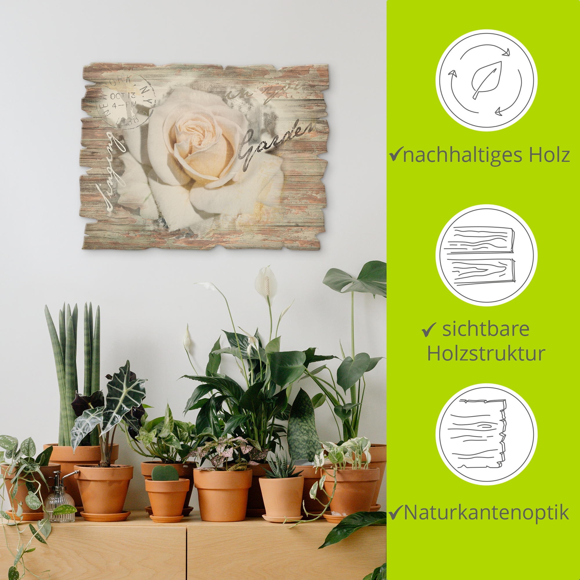 Artland Holzbild »In Buchstaben - Rose«, Blumen, (1 St.)