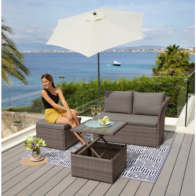 KONIFERA Gartenlounge-Set »Marseille Premium«, (7 tlg.), 2er Sofa, 1  Hocker, Tisch 57x57x36-63 cm, Polyrattan jetzt im %Sale