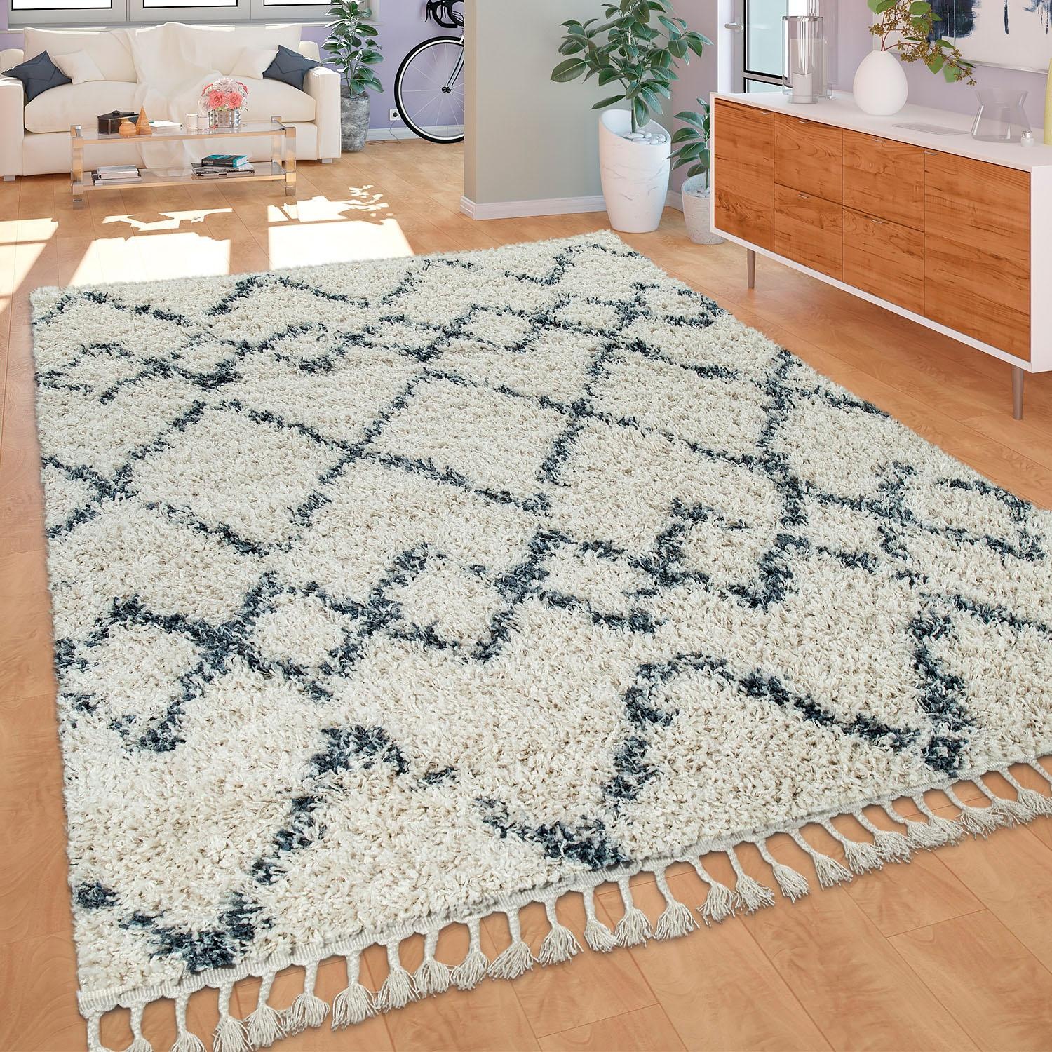 Paco Home Hochflor-Teppich »Nador 757«, rechteckig, 54 mm Höhe, weicher Shaggy mit Rauten Design und Fransen