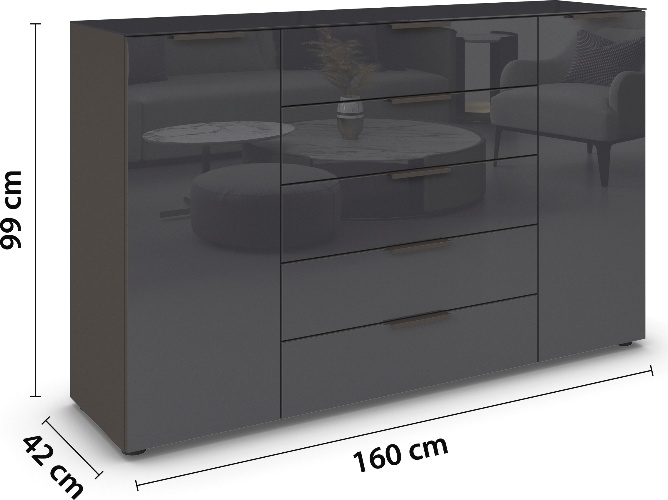 rauch Schubkastenkommode »Kommode Türkommode Sideboard Kombikommode FLIPP mit Glasfront«, (Breite 160/180 cm mit 4 Einlegeböden), 2-türig, 5 Schubladen, Soft-Close, Oberboden und Front Glas, 2 Breiten