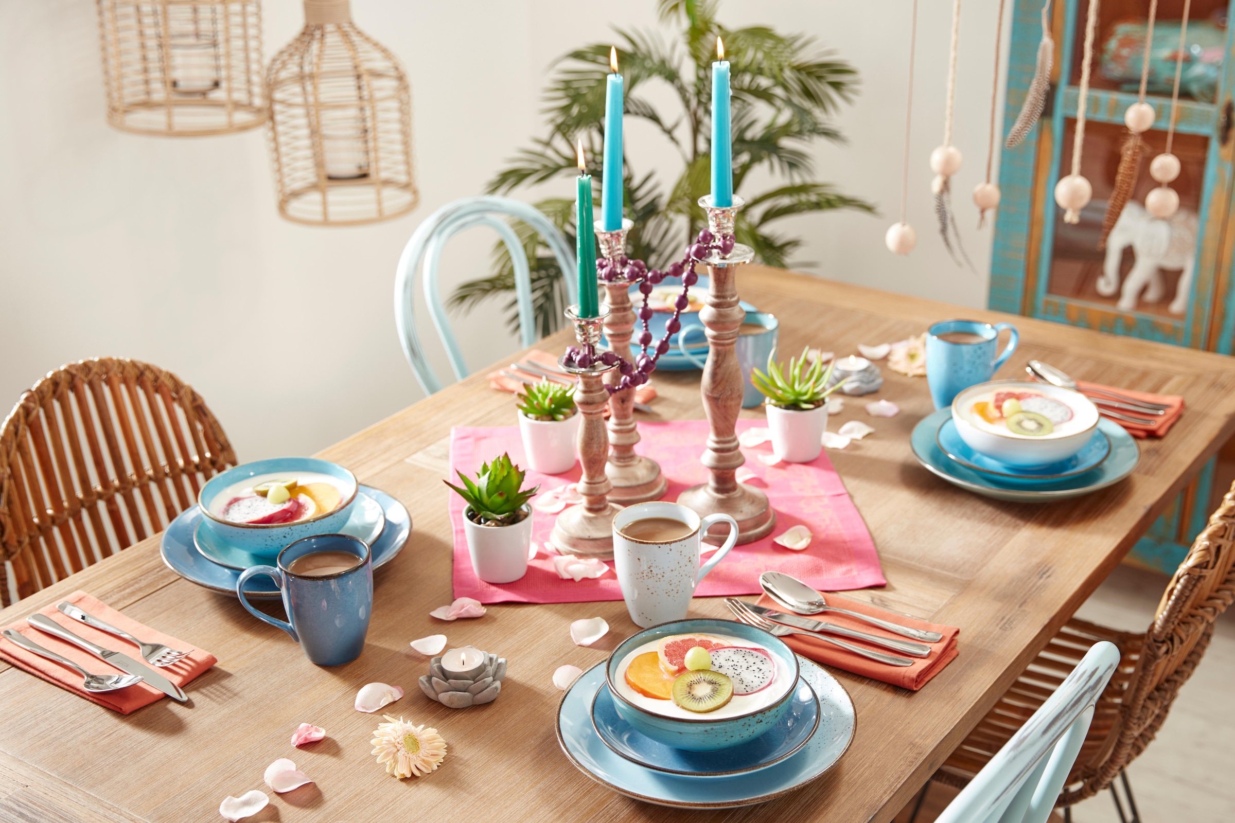 CreaTable Kombiservice »Geschirr-Set NATURE COLLECTION Aqua«, (Set, 16 tlg., Kaffeeservice und Tafelservice im Set, für 4 Personen), Service, Trendaktuelle Blau-Töne, 16 Teile, für 4 Personen