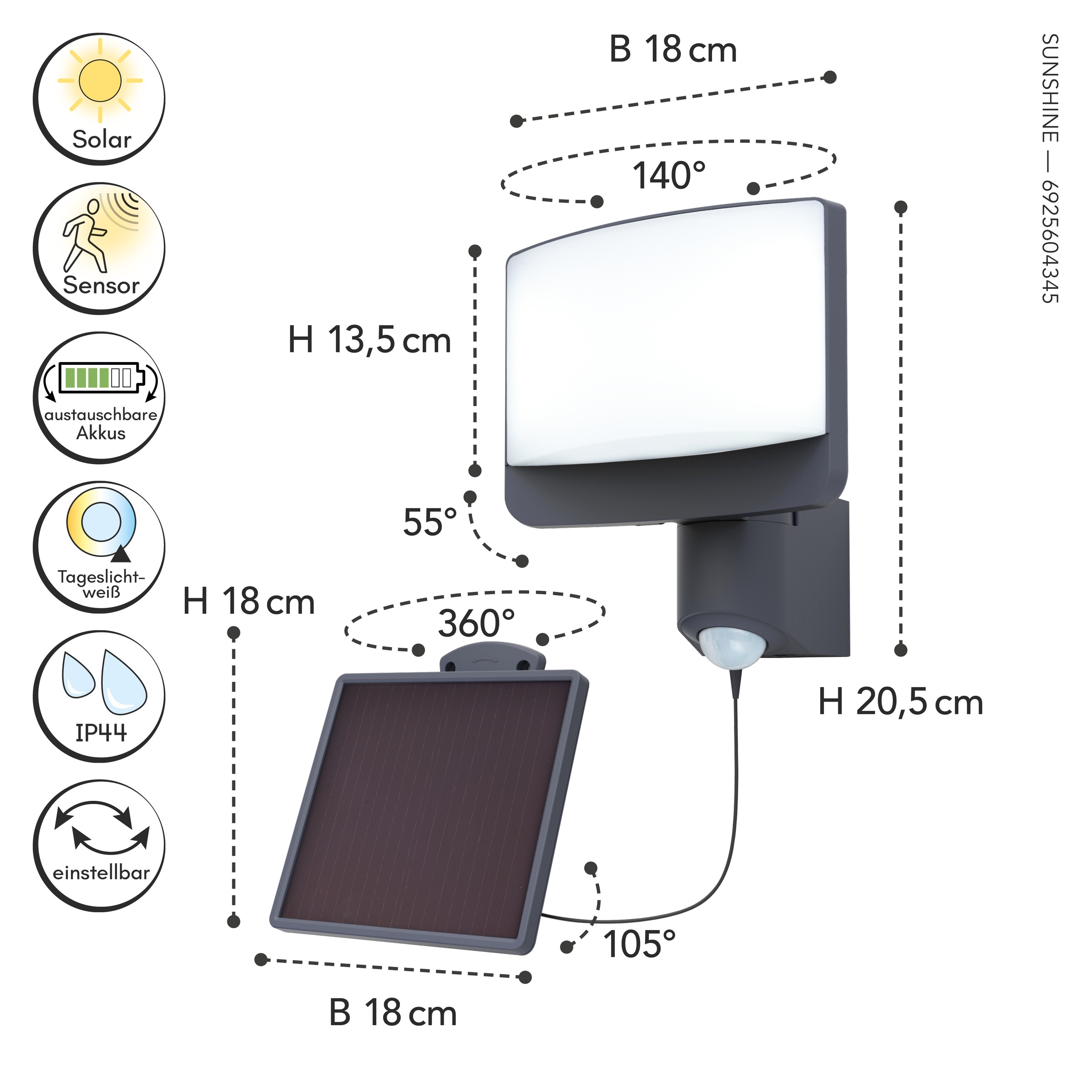 LUTEC LED Solarleuchte »LED-Solarwandleuchte SUNSHINE«, 1 flammig, Leuchtmittel LED-Board | LED fest integriert, dreh- und schwenkbar