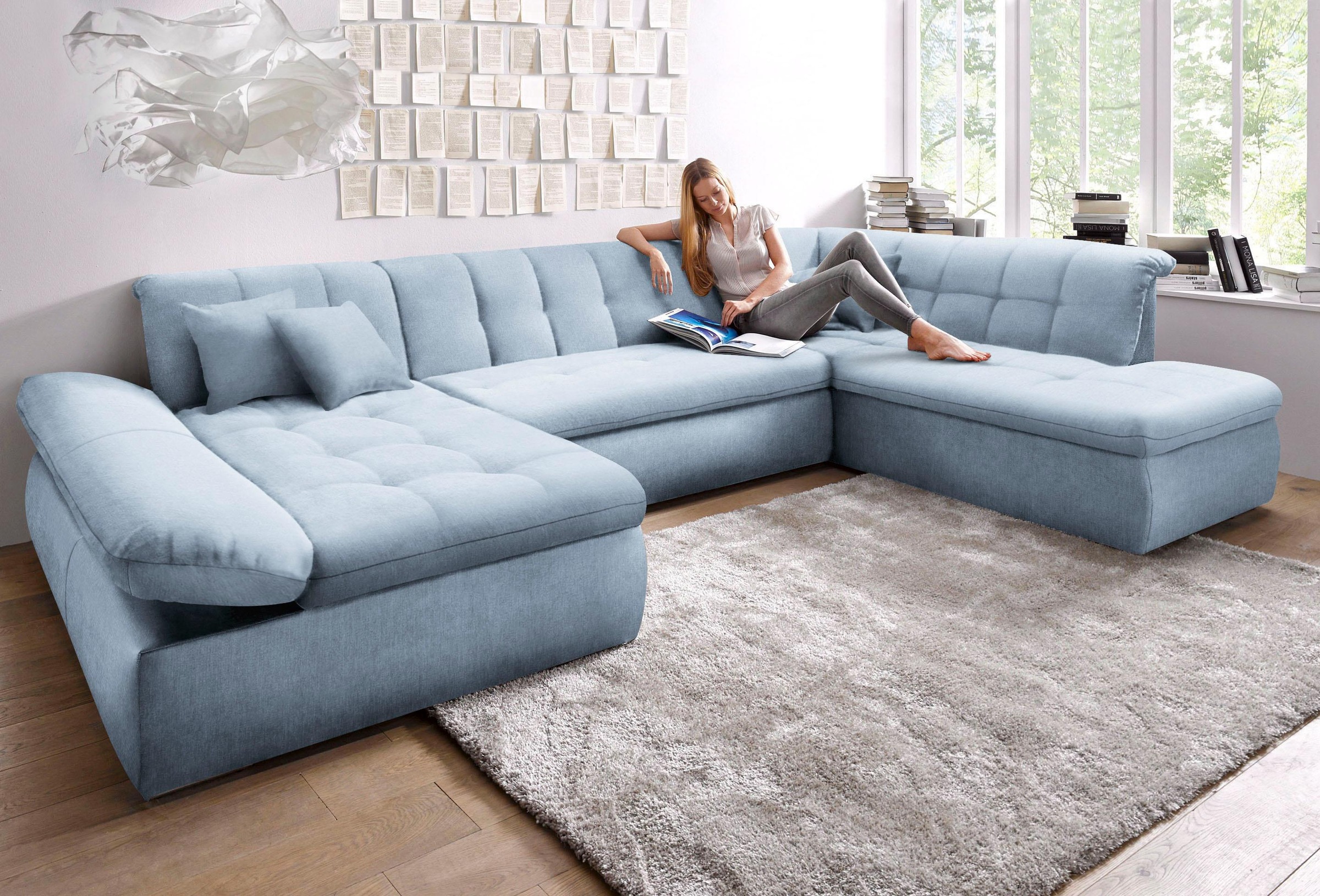 DOMO collection Wohnlandschaft »NMoric im XXL-Format, B/T/H: 353/216/80 cm, incl. Zierkissen U-Form«, wahlweise mit Bettfunktion und Armlehnenverstellung