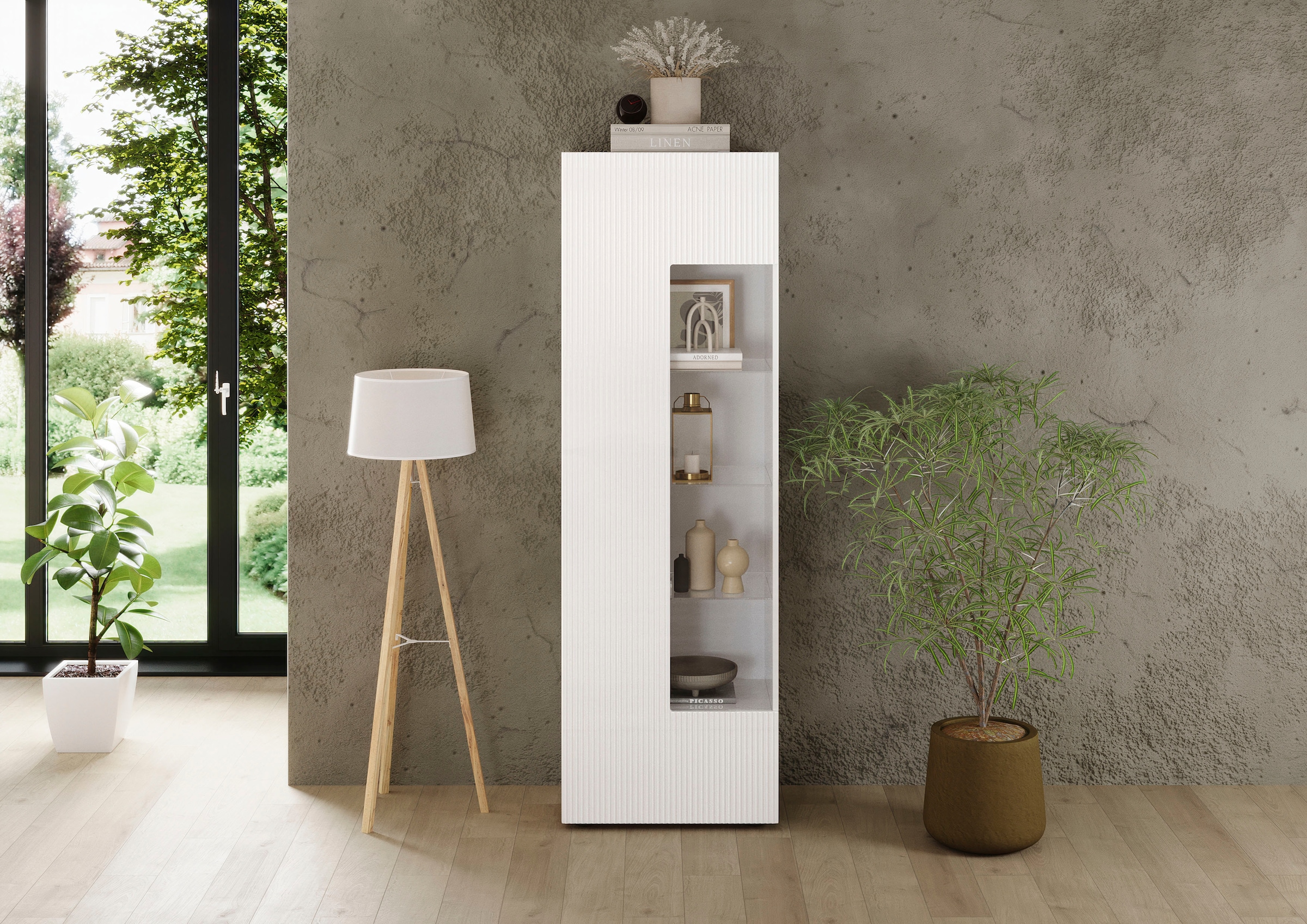 INOSIGN Vitrine »RIO, Höhe 187 cm, Hochschrank mit 1 Tür, Anrichte, Standvitrine«, Vitrinenschrank, geriffelte MDF-Front, modern, elegant, geräumig