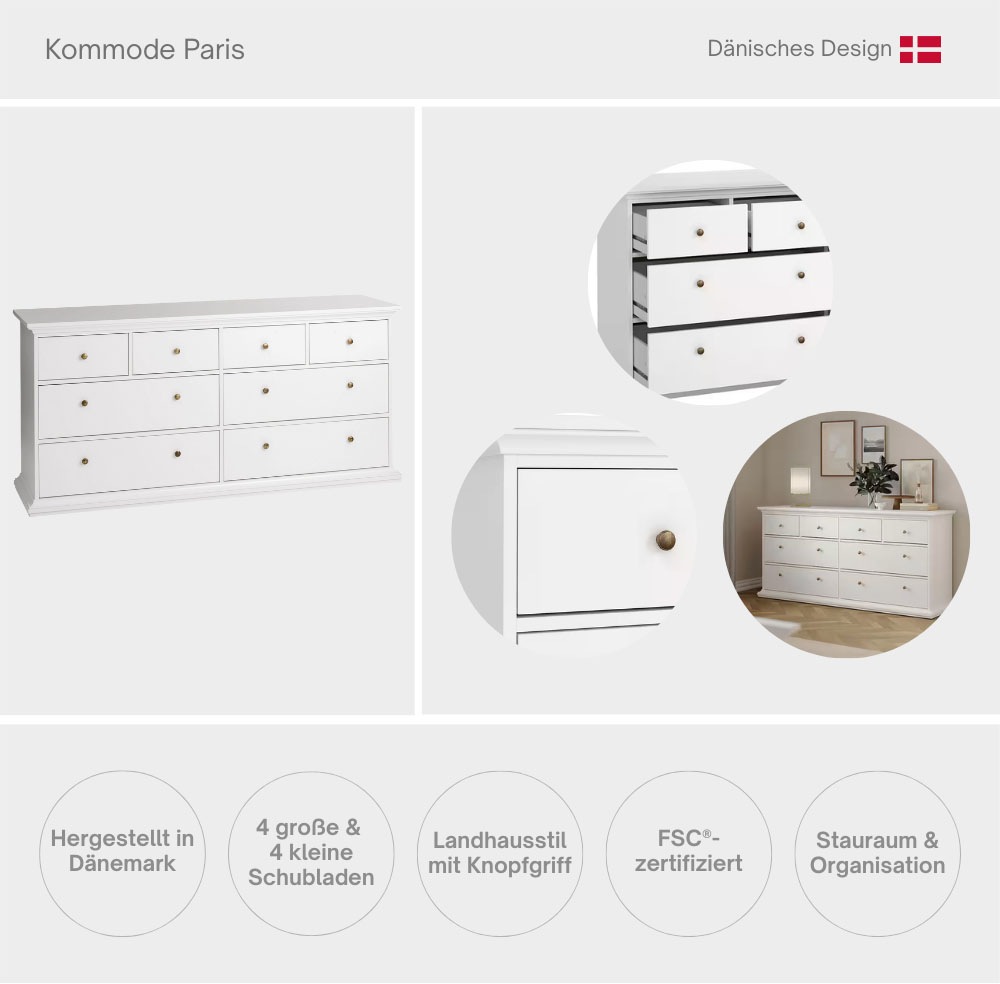 Home affaire Kommode »Paris, Aufbewahrung, Schubladenschrank, Stauraum, mit 8 Schubladen«, Landhausstil, Elegant, geräumig, Breite 184 cm, Höhe 87 cm