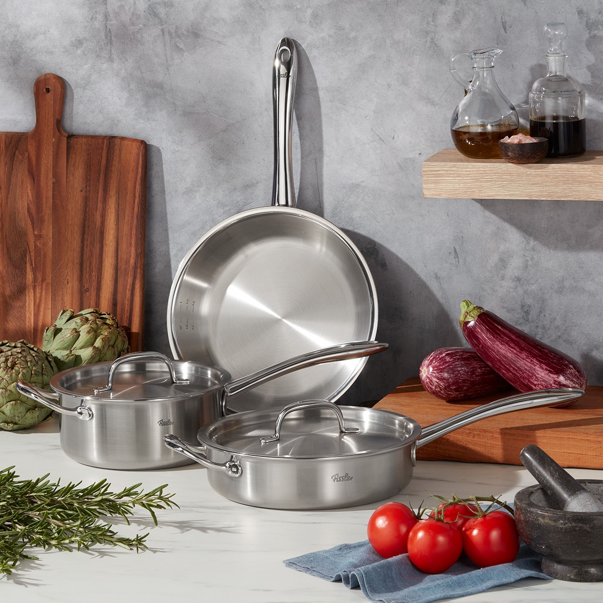 Fissler Topf-Set »Fissler M5 Pro-Ply®, Edelstahl-Topfset (5-teilig)« Set, 5-teilig: Bratpfanne, Sauteuse und Stielkasserolle, 5 tlg. Edelstahl 18/10