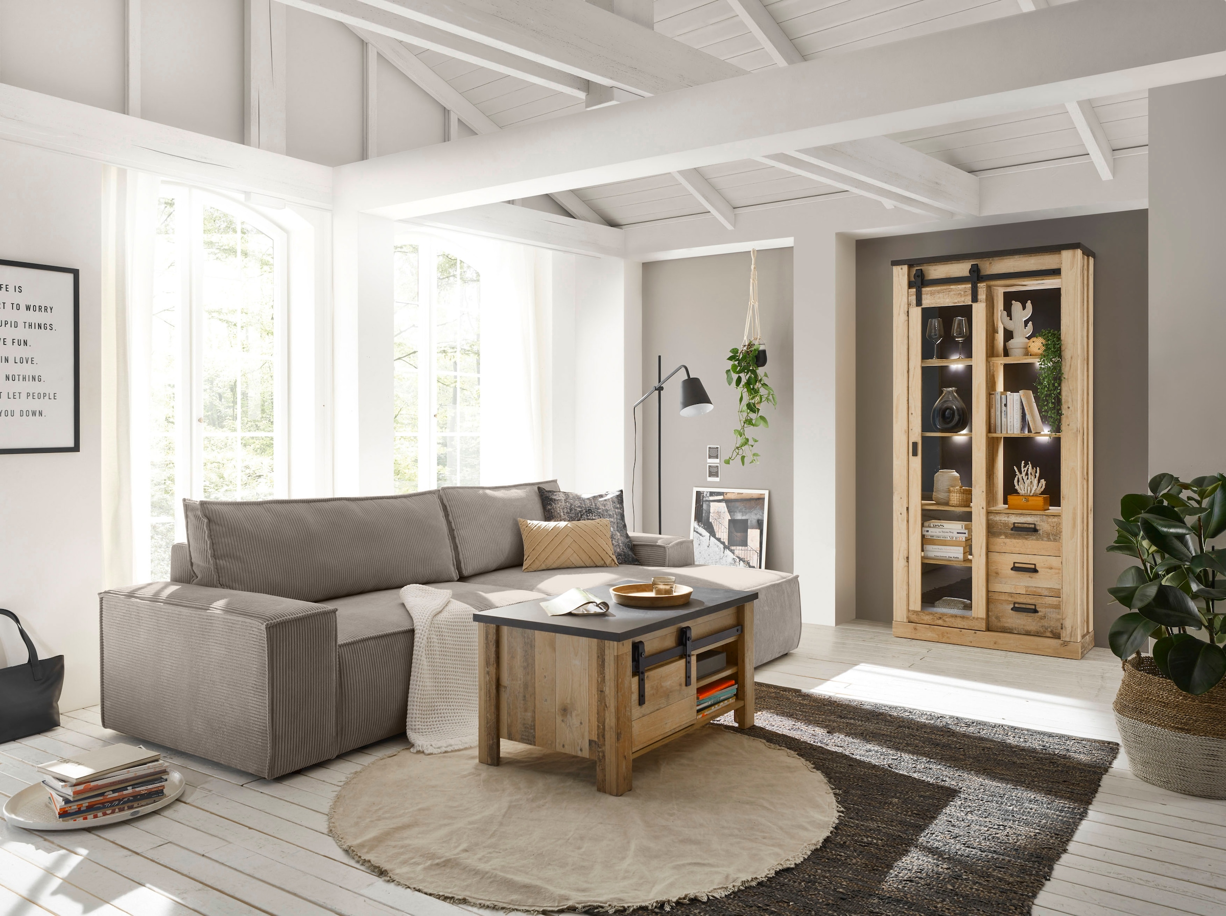 Home affaire Ecksofa »SHERWOOD Schlafsofa 267 cm, L-Form,«, Schlaffunktion mit Bettkasten (210x136 cm), Cord, Vintage, Samtvelours