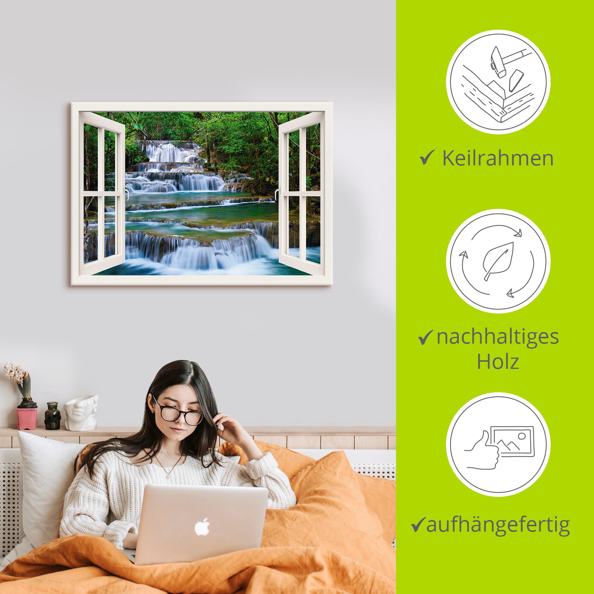 Artland Leinwandbild »Fensterblick Wasserfall in Kanchanaburi« Fensterblick 1 Stk. tlg. auf Holzrahmen gespannt