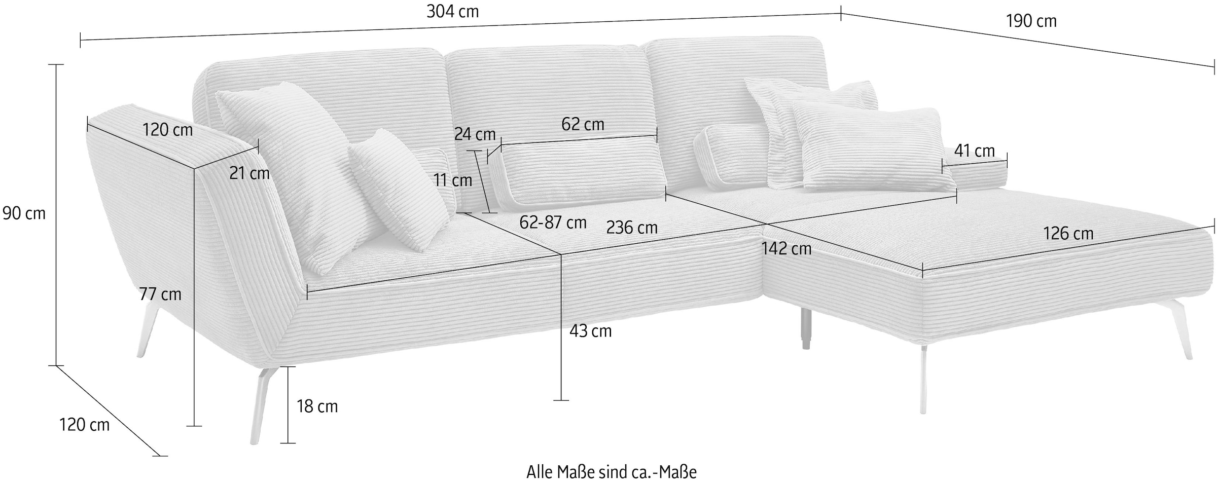 set one by Musterring Ecksofa »SO 4500, Füße schwarz matt, inkl Schwenkrückenfunktion, Cord, L-Form«, wahlweise mit Kopfstütze/Armteilverstellung/Rückenneigung