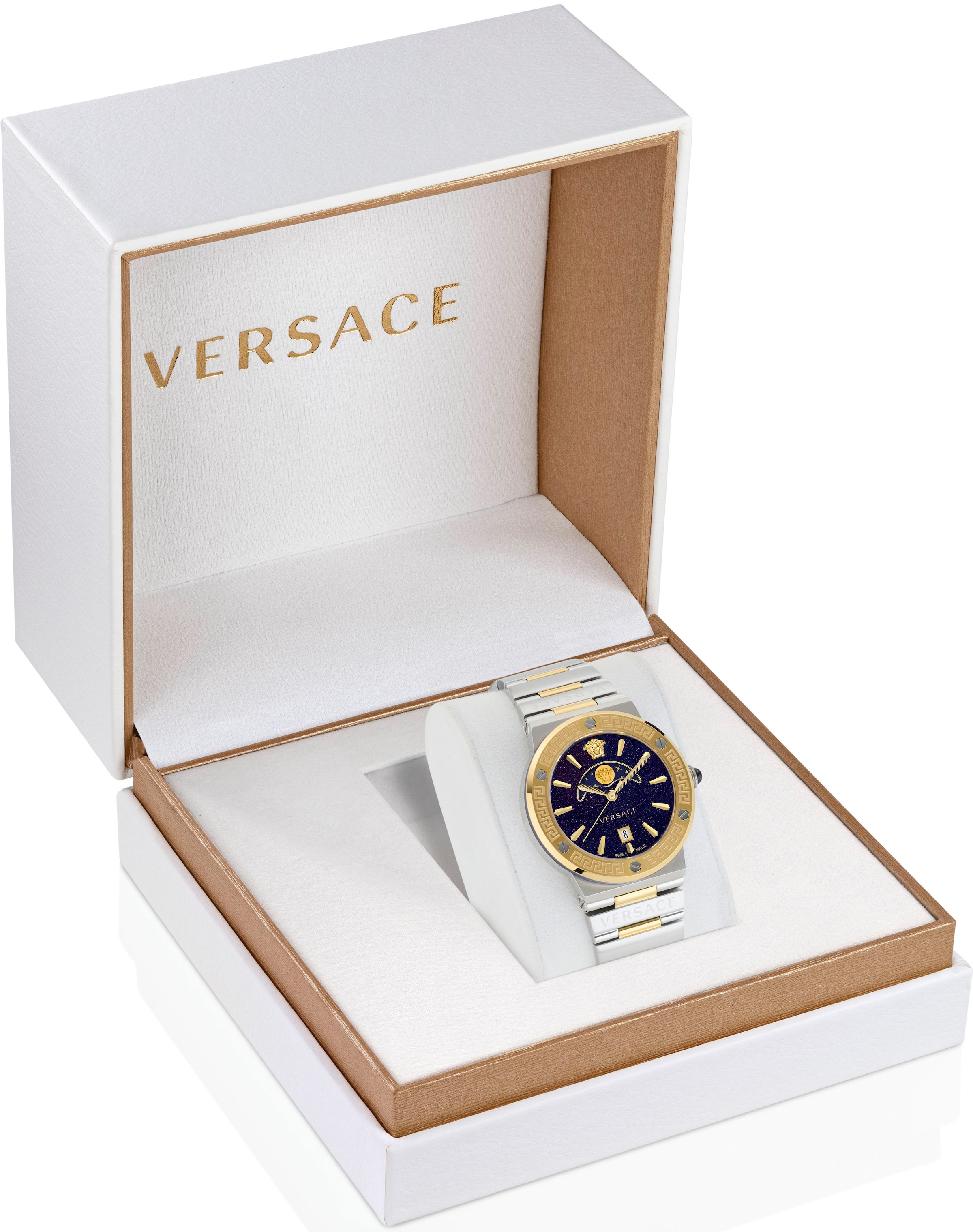 Versace Quarzuhr »GRECA LOGO MOONPHASE«, Armbanduhr, Damenuhr, Saphirglas, Datum, Swiss Made, Mondphase