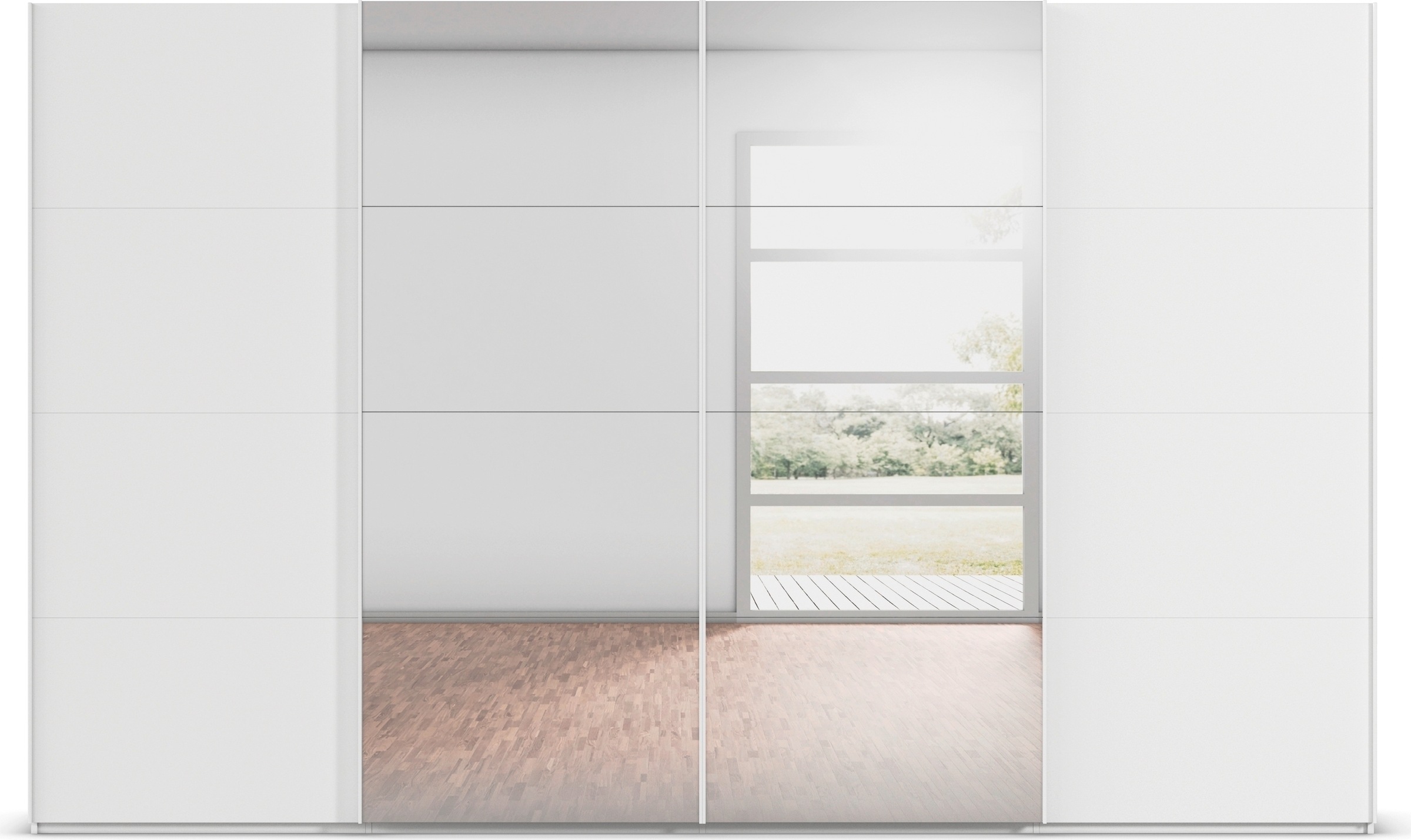 rauch Schwebetürenschrank »Kleiderschrank Schrank Garderobe Schlafzimmerschrank SCALE-FYRA«, edle viergeteilte Türen mit Spiegel und vielen Farben MADE IN GERMANY