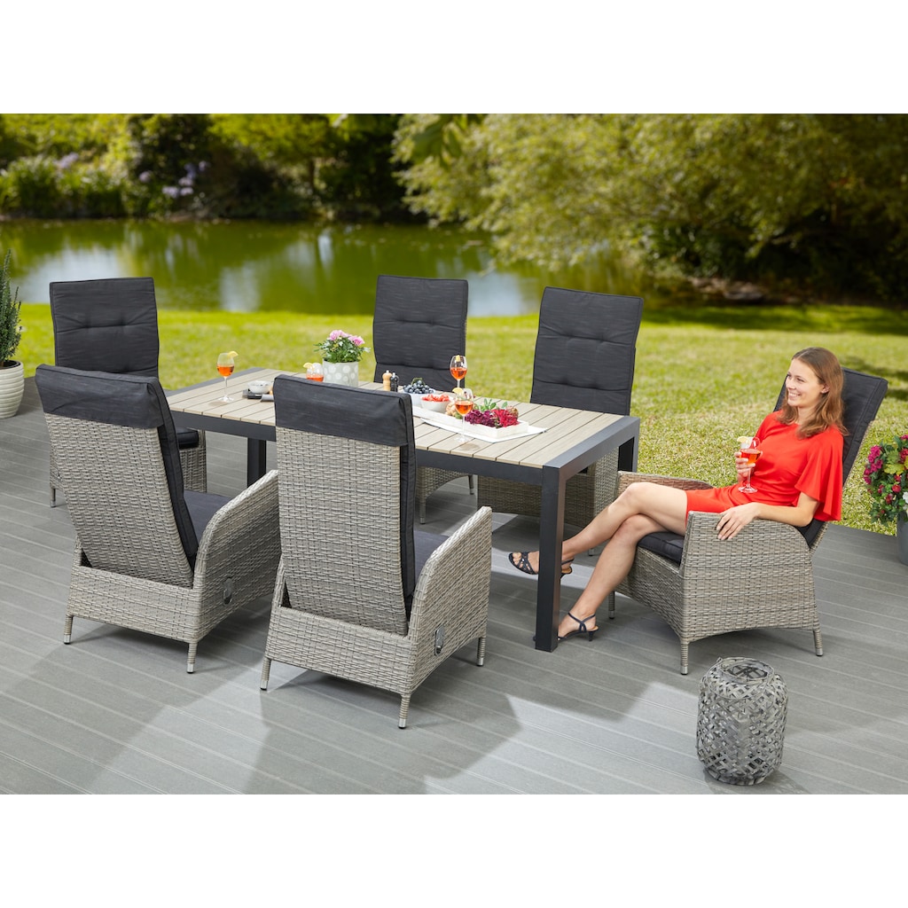 KONIFERA Garten-Essgruppe »Alva«, (Set, 13 tlg., 6x Stuhl, 1x Tisch ausziehbar 205-275 cm, inkl. Auflagen), Aluminium, Polyrattan, Rückenlehnen stufenlos verstellbar, Grau